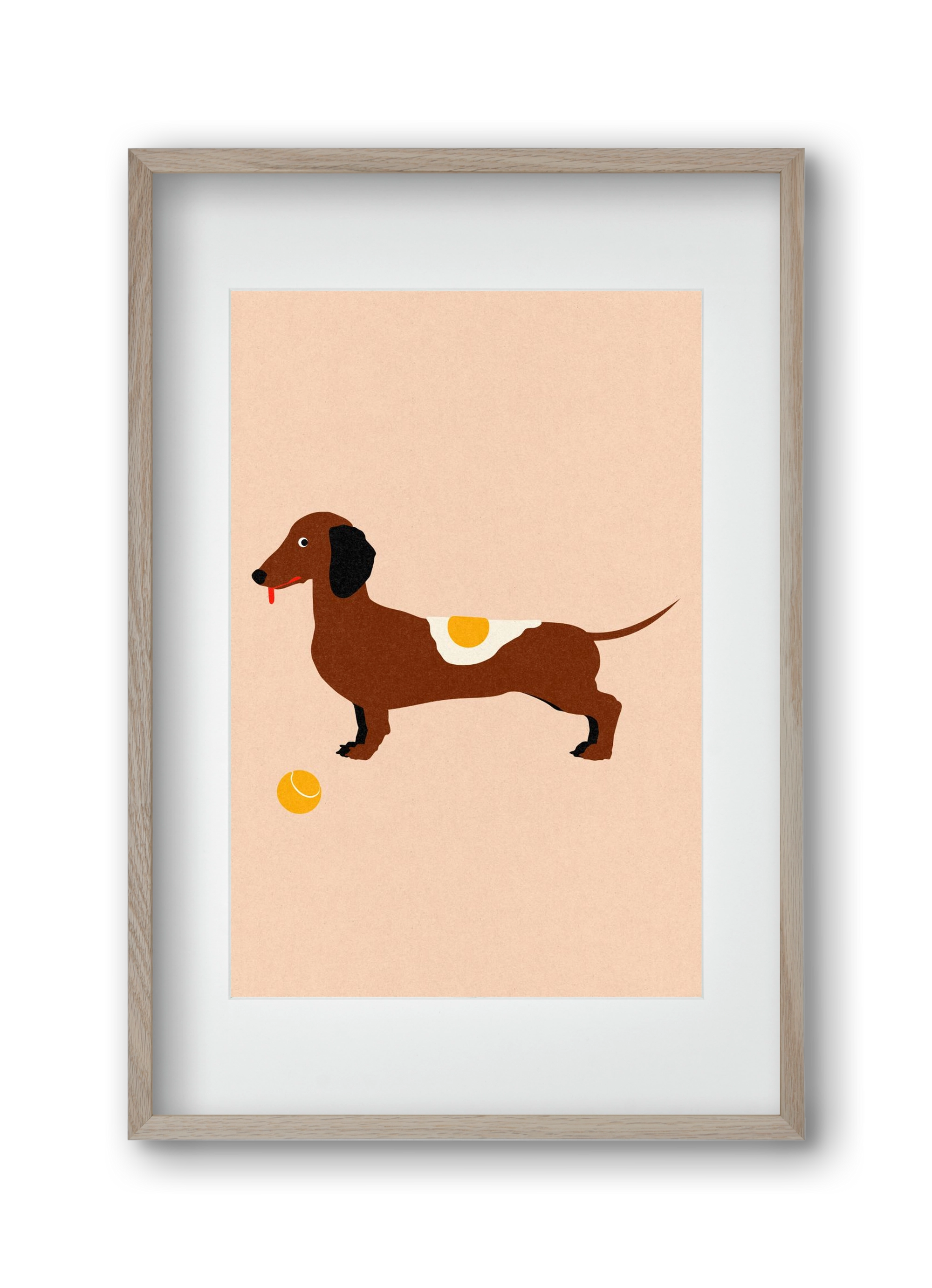 Dachshund With Tennisball and Fried Egg, 30x45 cm (20x30 cm), Tölgy keret, paszpartuval
