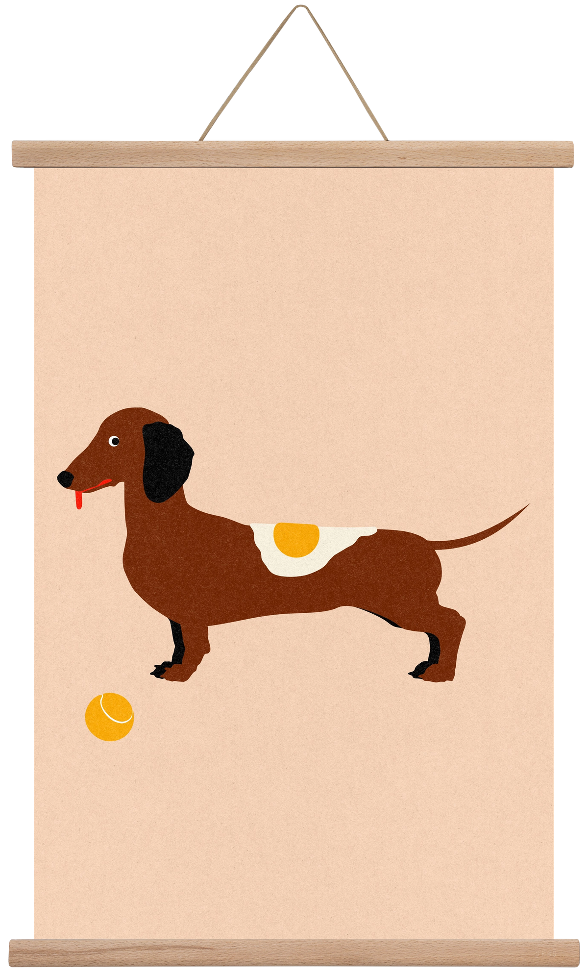 Dachshund With Tennisball and Fried Egg, 40x60 cm (40x60 cm), Tölgy akasztó