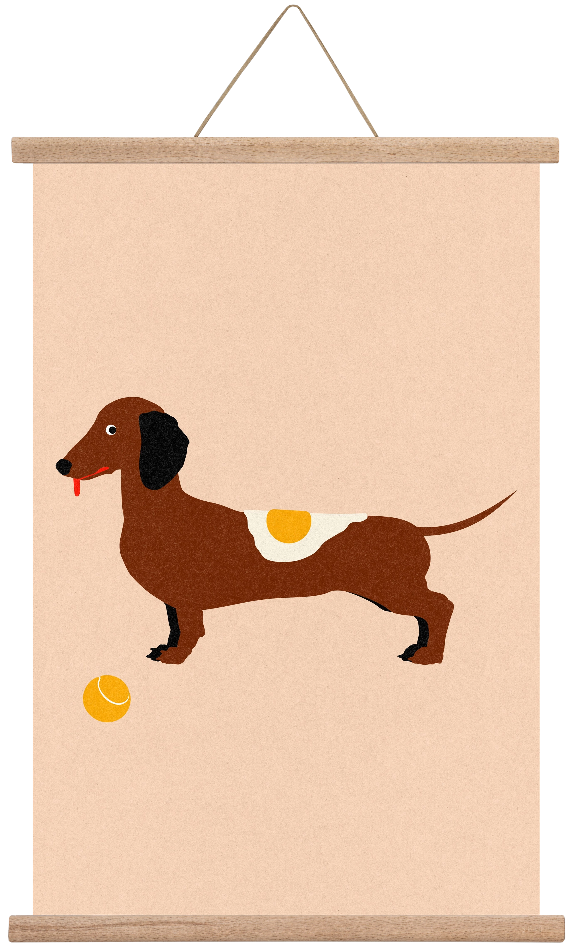 Dachshund With Tennisball and Fried Egg, 40x60 cm (40x60 cm), Tölgy akasztó