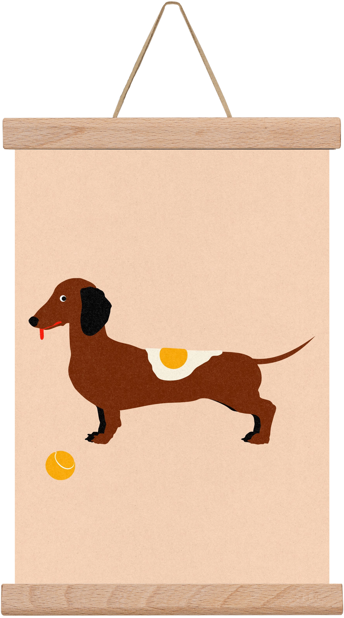 Dachshund With Tennisball and Fried Egg, 20x30 cm (20x30 cm), Tölgy akasztó