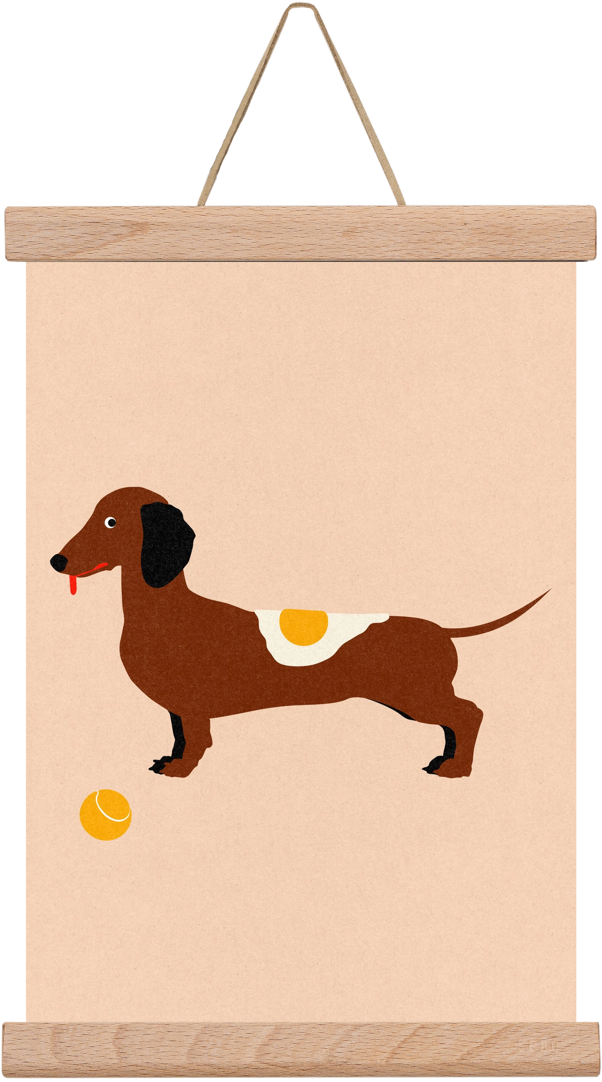 Dachshund With Tennisball and Fried Egg, 20x30 cm (20x30 cm), Tölgy akasztó