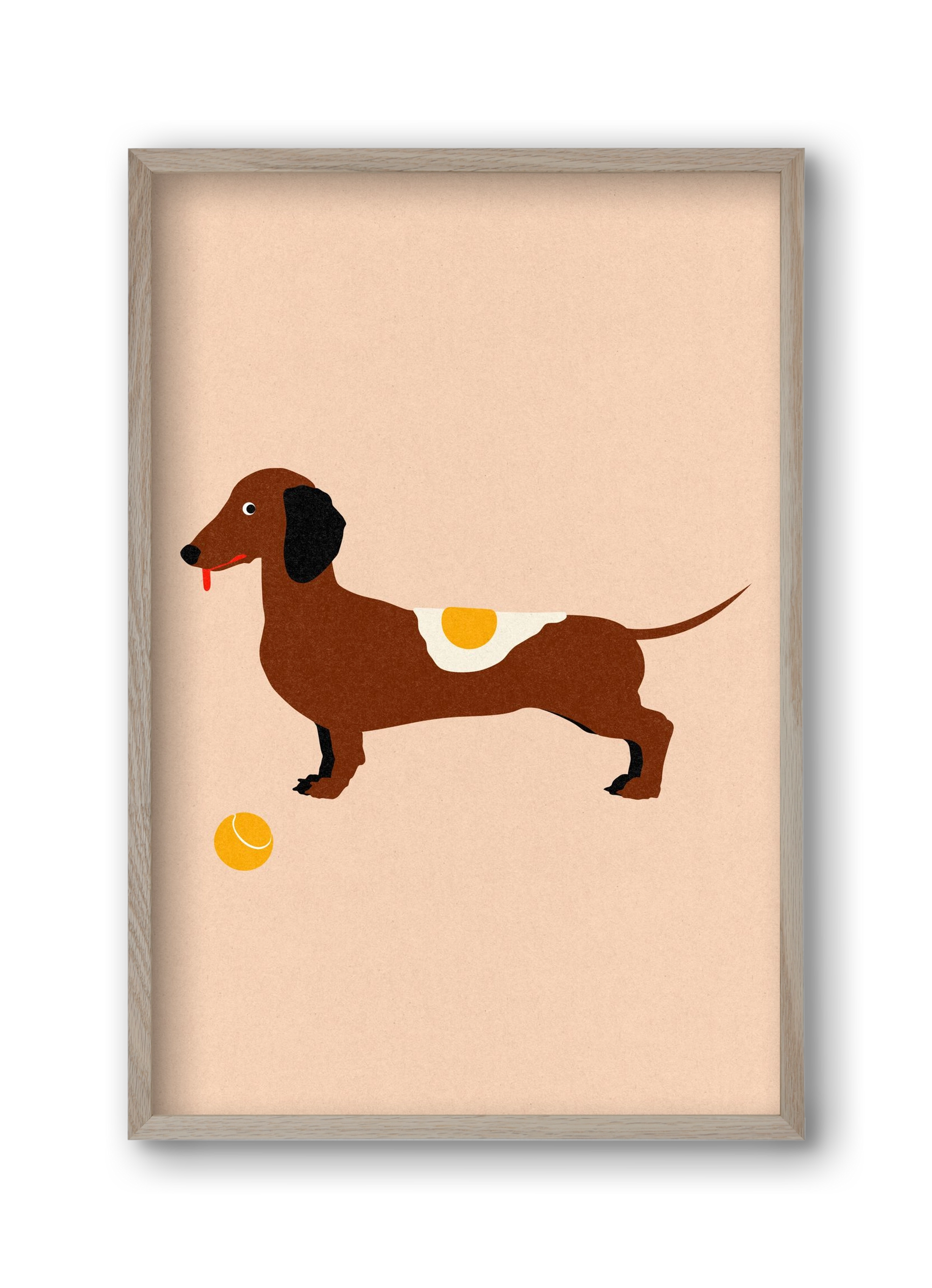 Dachshund With Tennisball and Fried Egg, 30x45 cm (30x45 cm), Tölgy keret