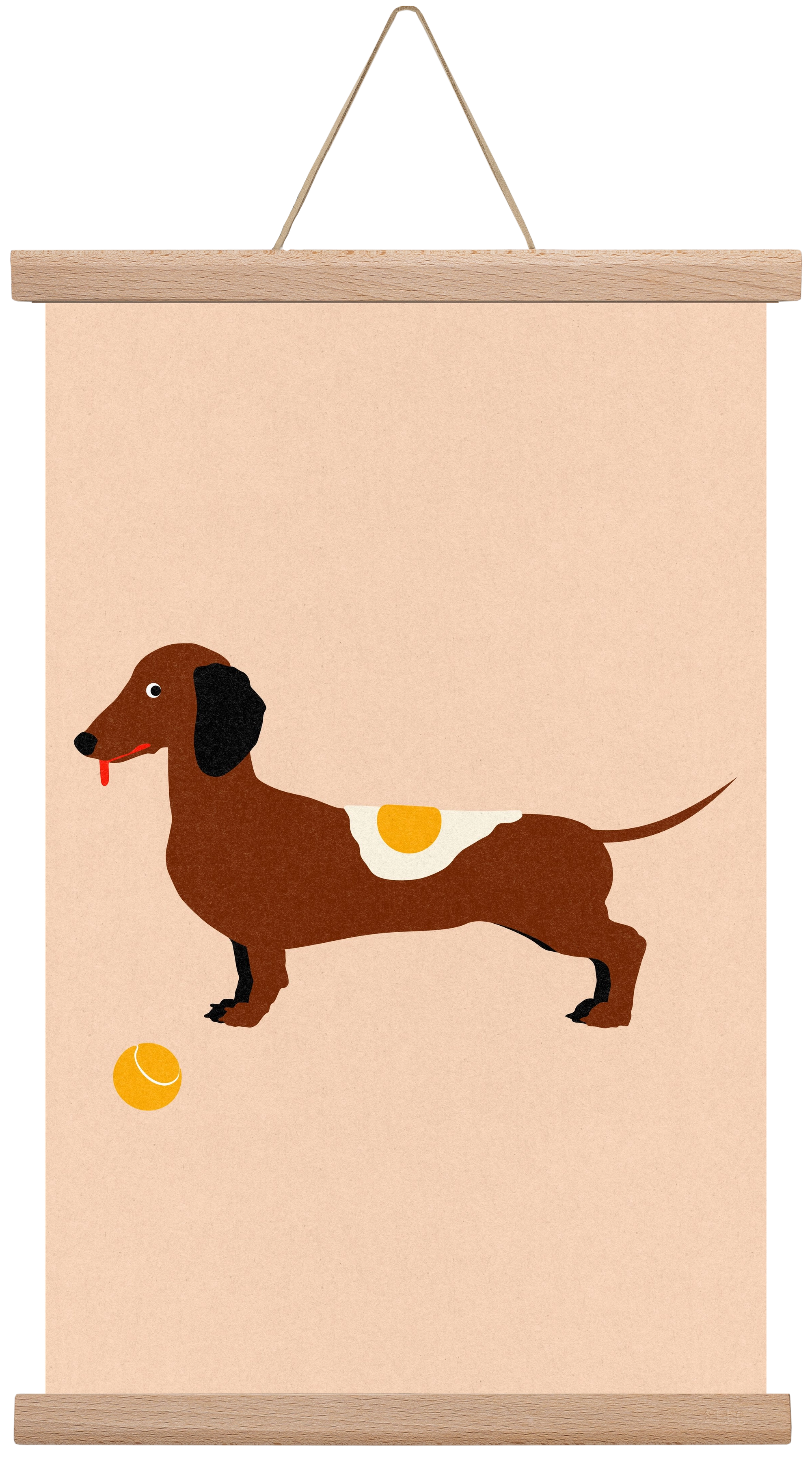 Dachshund With Tennisball and Fried Egg, 30x45 cm (30x45 cm), Tölgy akasztó