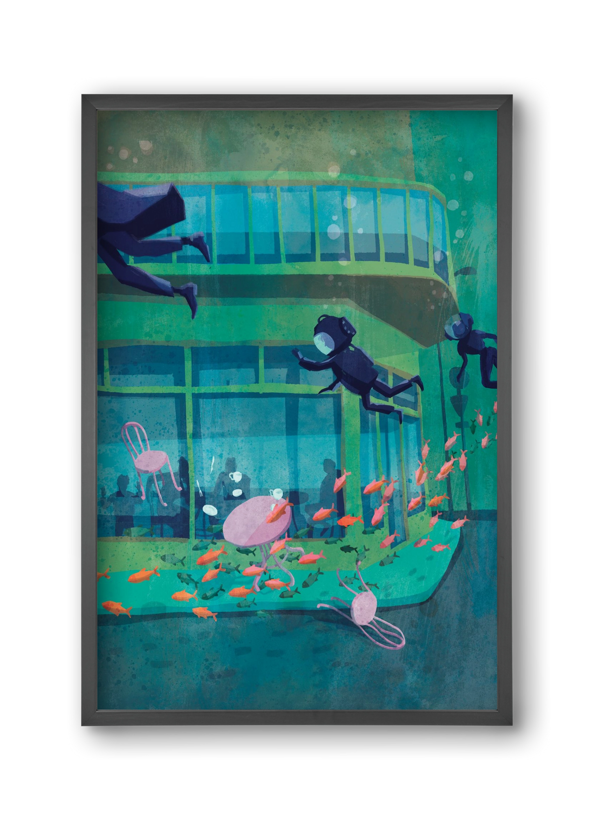 Corner café with fish, 30x45 cm (30x45 cm), Fekete keret