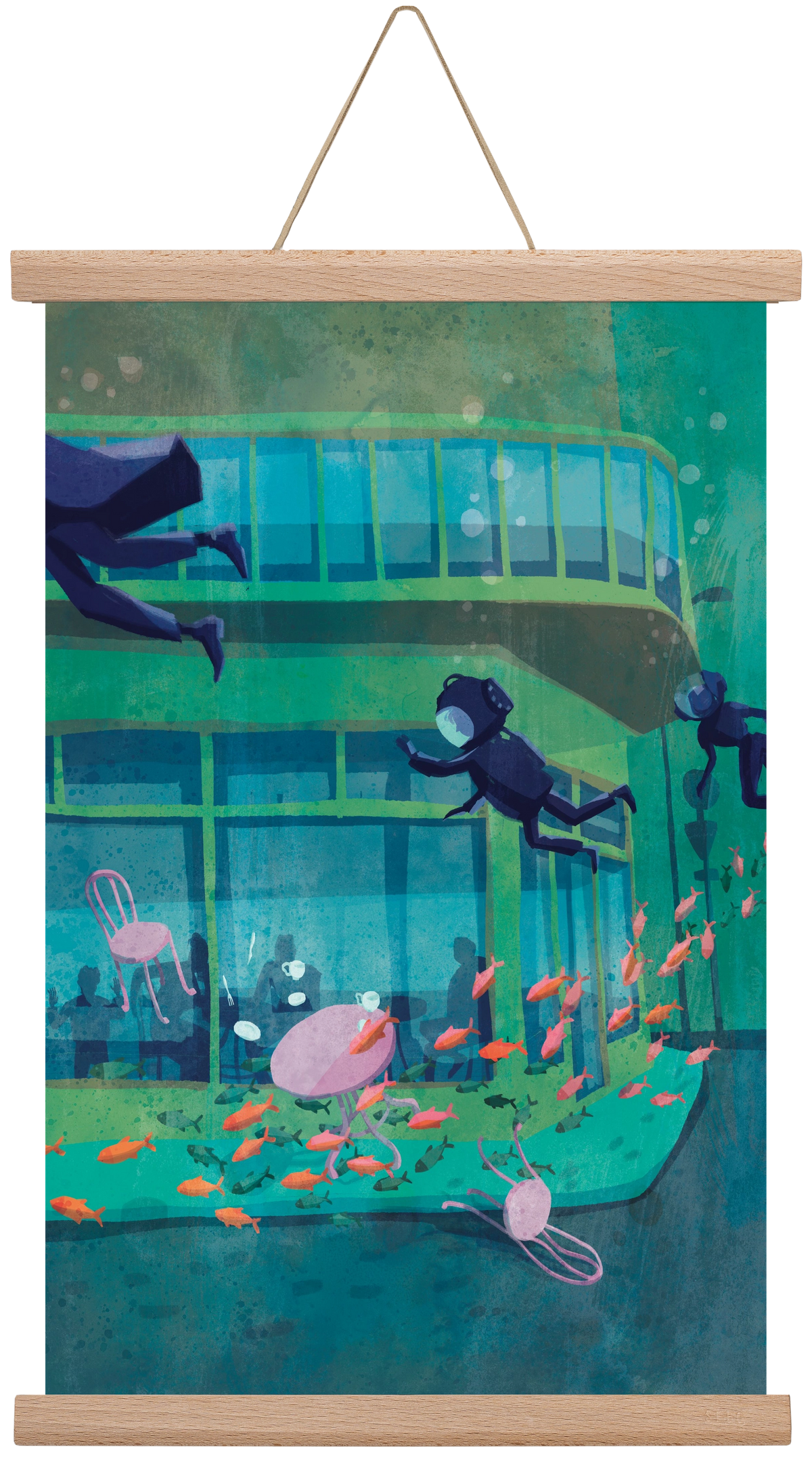 Corner café with fish, 30x45 cm (30x45 cm), Tölgy akasztó