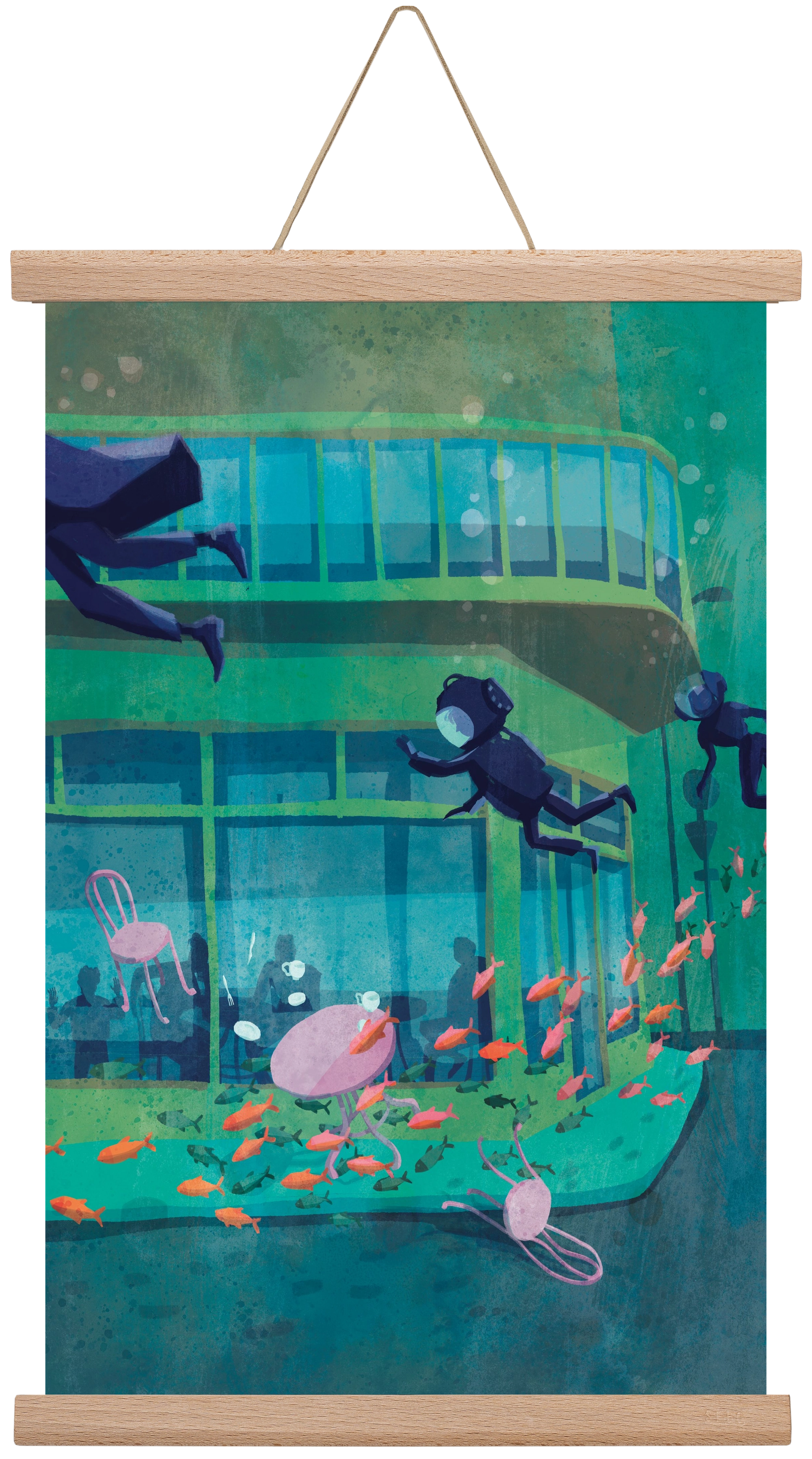 Corner café with fish, 30x45 cm (30x45 cm), Tölgy akasztó