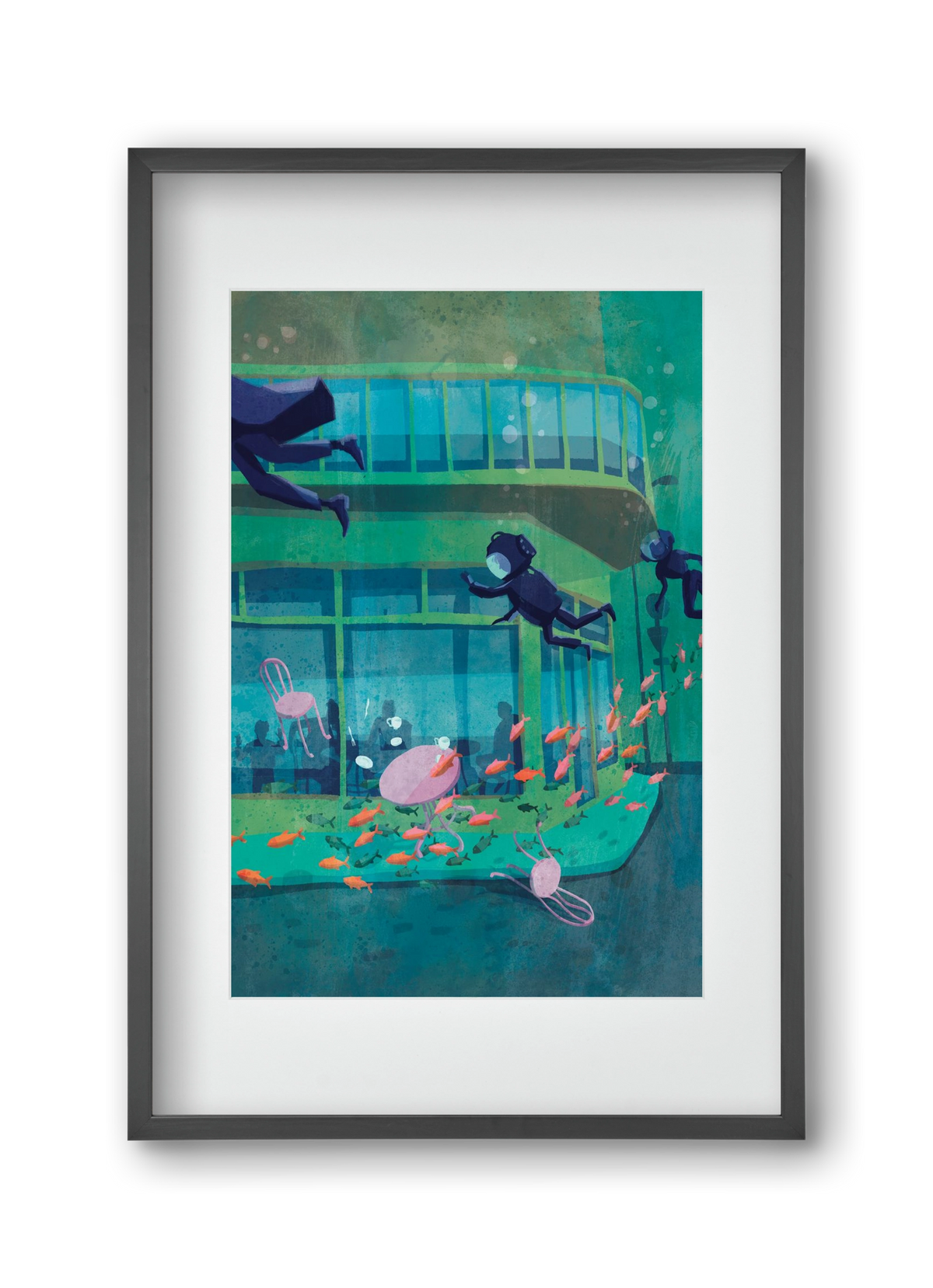 Corner café with fish, 30x45 cm (20x30 cm), Fekete keret, paszpartuval