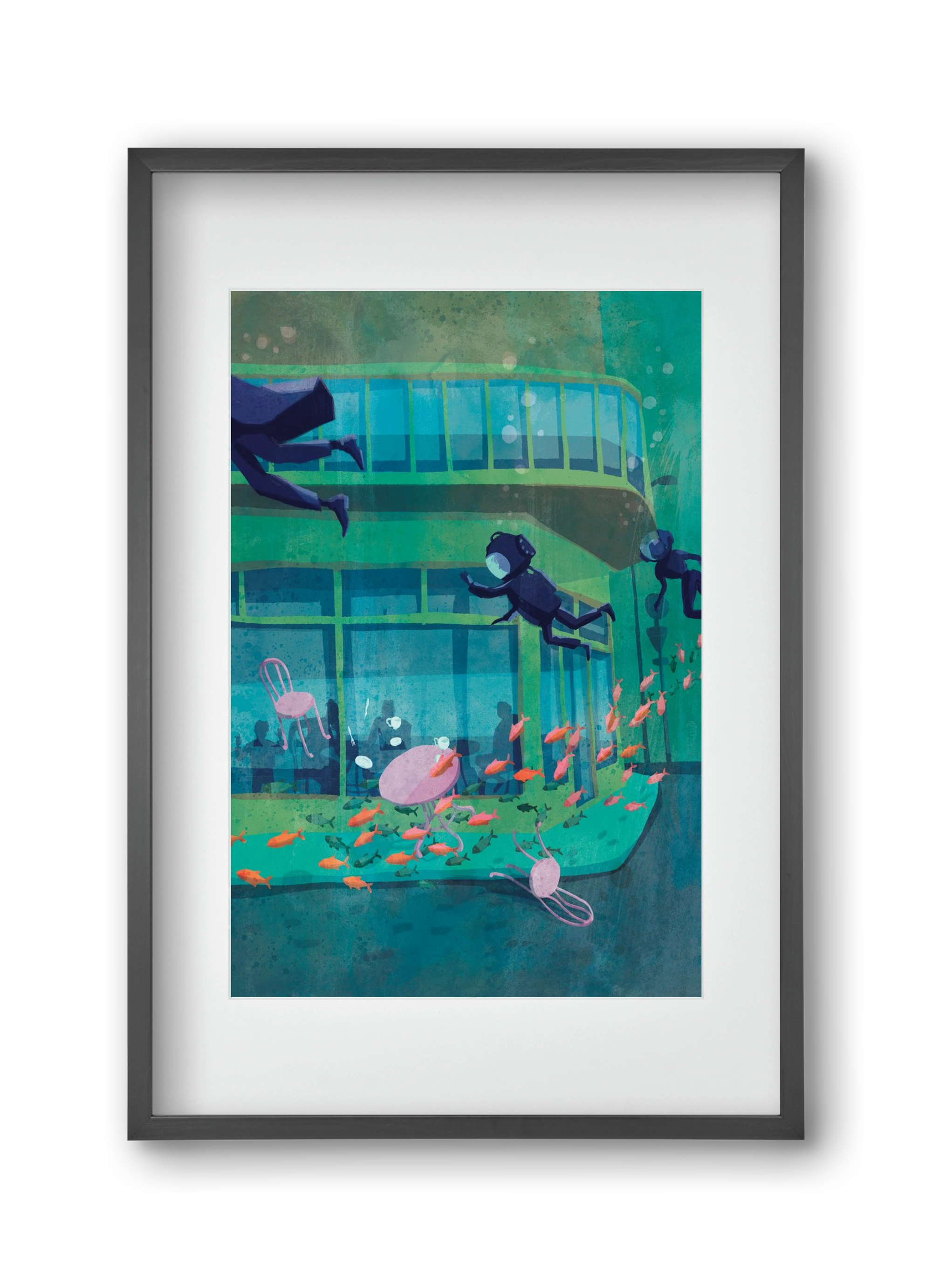 Corner café with fish, 30x45 cm (20x30 cm), Fekete keret, paszpartuval