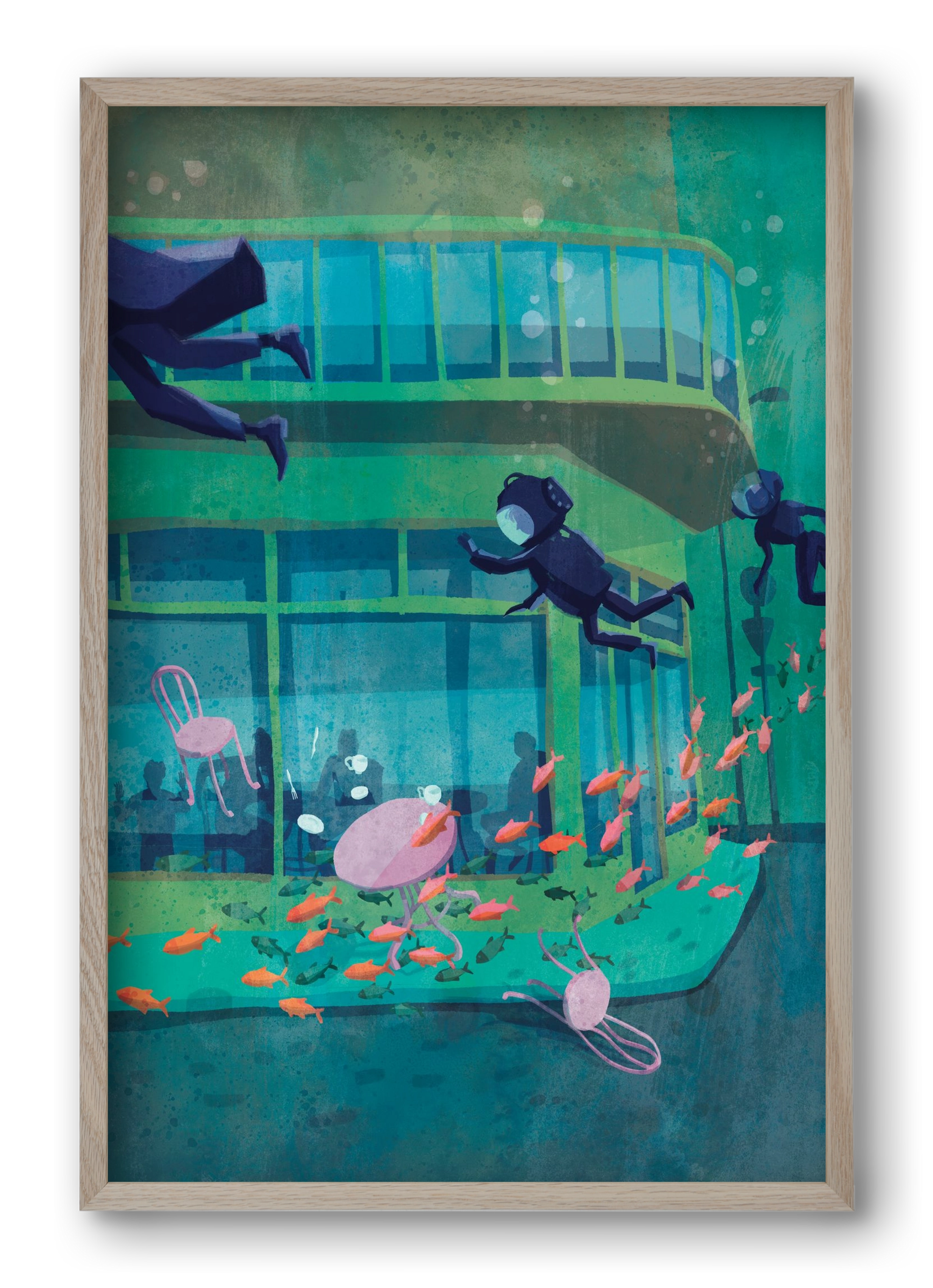 Corner café with fish, 40x60 cm (40x60 cm), Tölgy keret