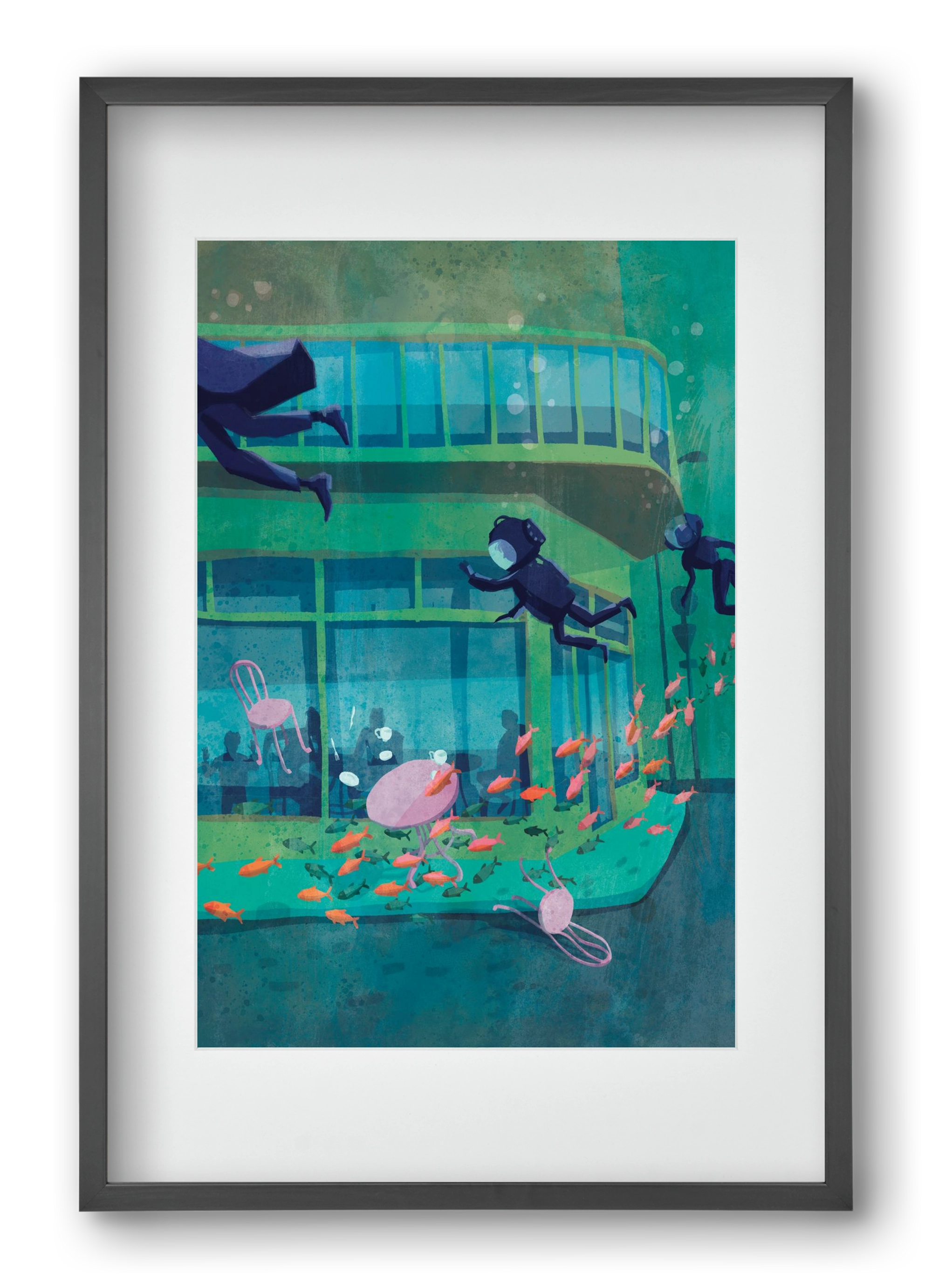 Corner café with fish, 40x60 cm (30x45 cm), Fekete keret, paszpartuval