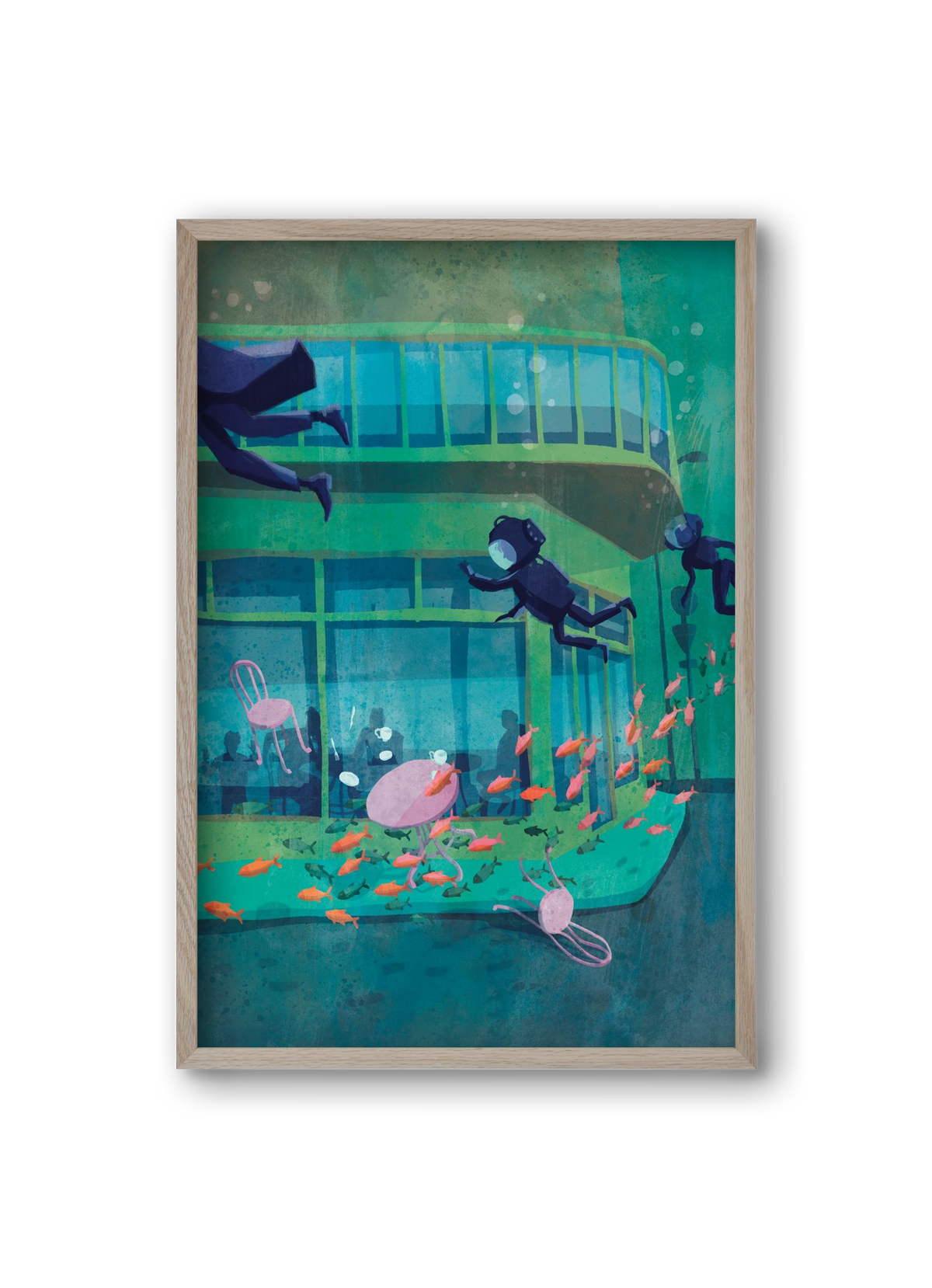 Corner café with fish, 20x30 cm (20x30 cm), Tölgy keret