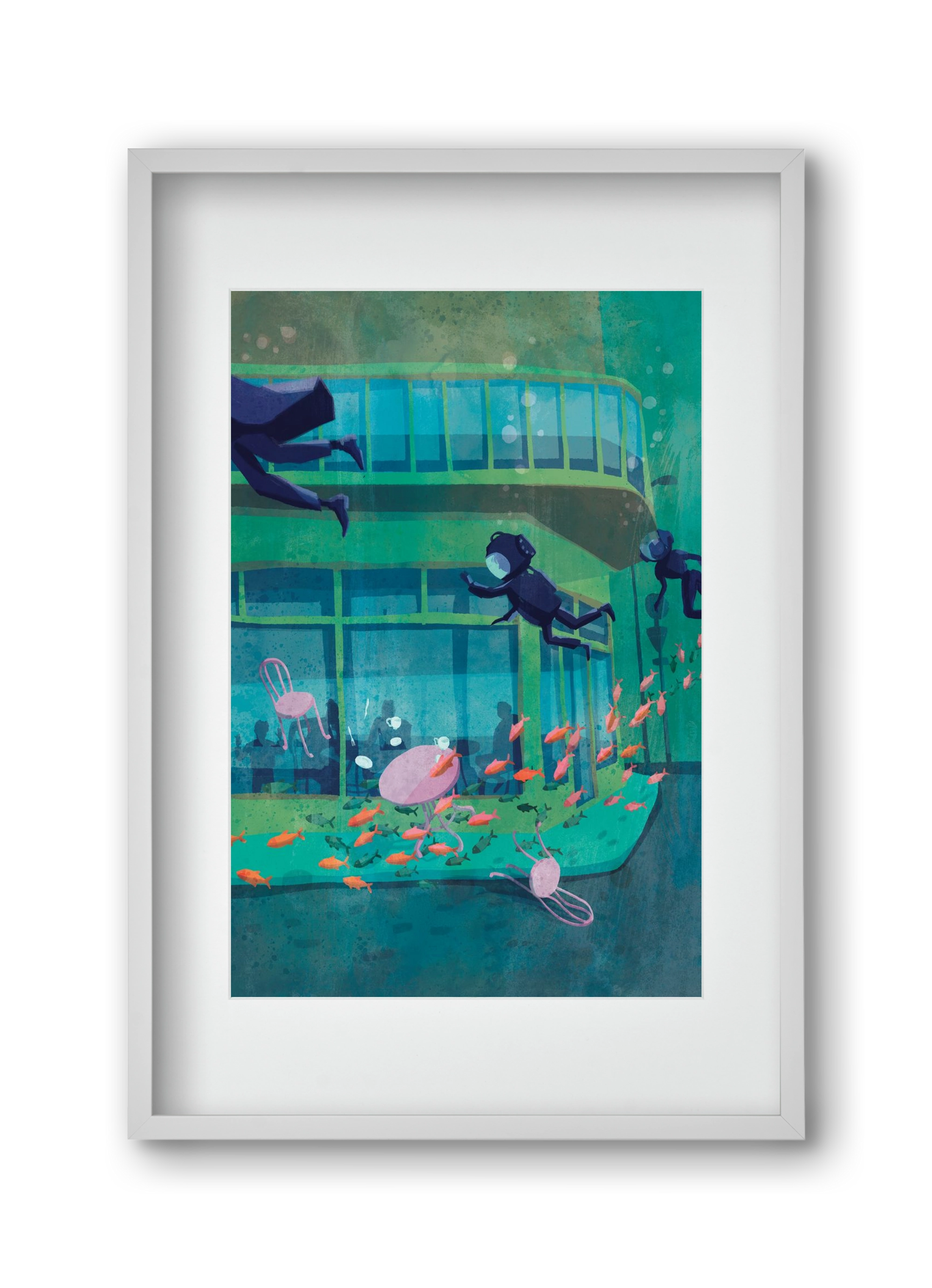 Corner café with fish, 30x45 cm (20x30 cm), Fehér keret, paszpartuval