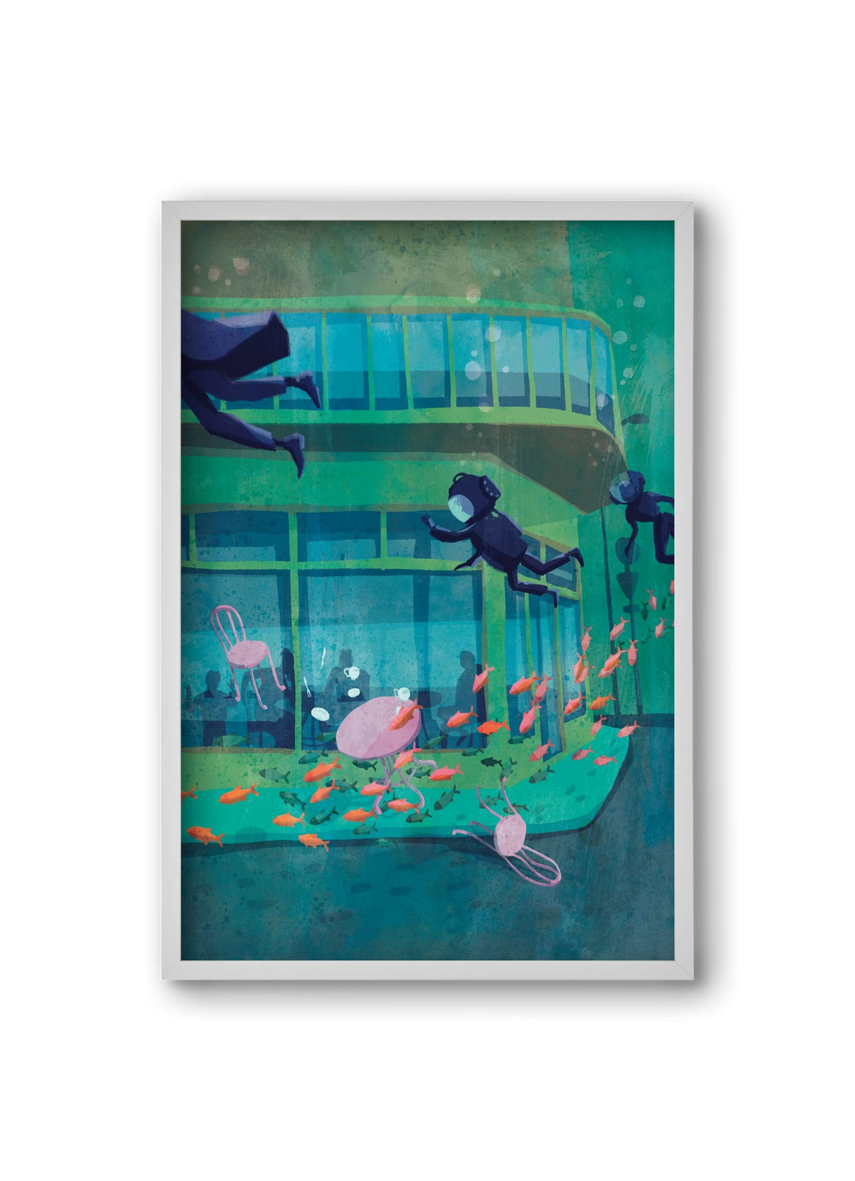 Corner café with fish, 20x30 cm (20x30 cm), Fehér keret