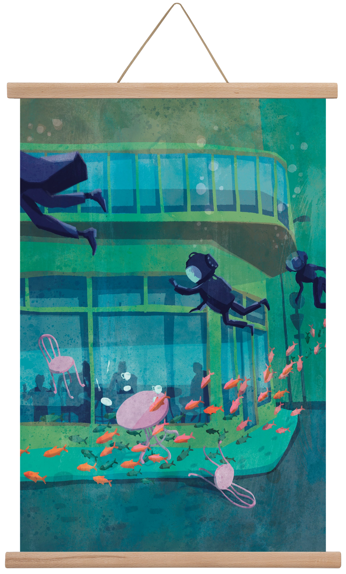 Corner café with fish, 40x60 cm (40x60 cm), Tölgy akasztó