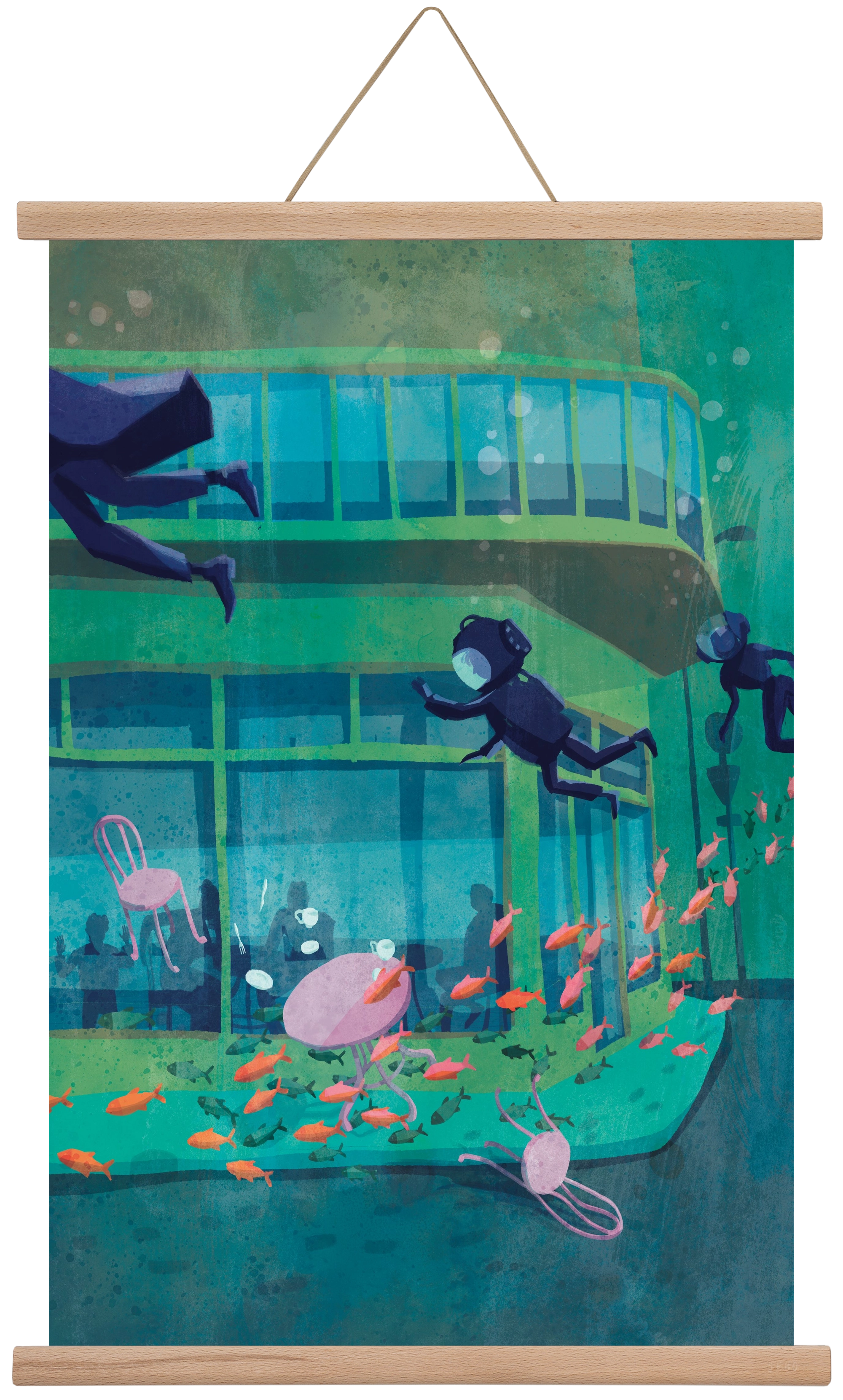 Corner café with fish, 40x60 cm (40x60 cm), Tölgy akasztó