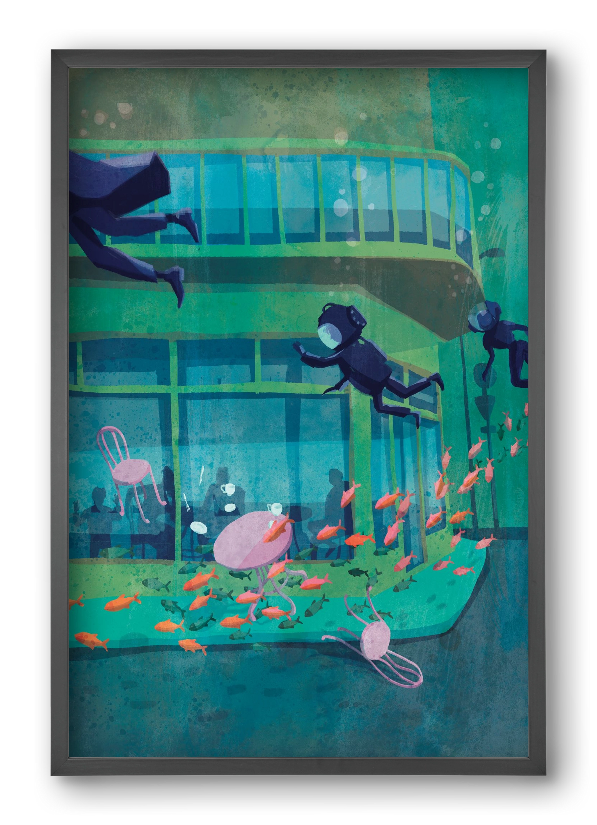 Corner café with fish, 40x60 cm (40x60 cm), Fekete keret