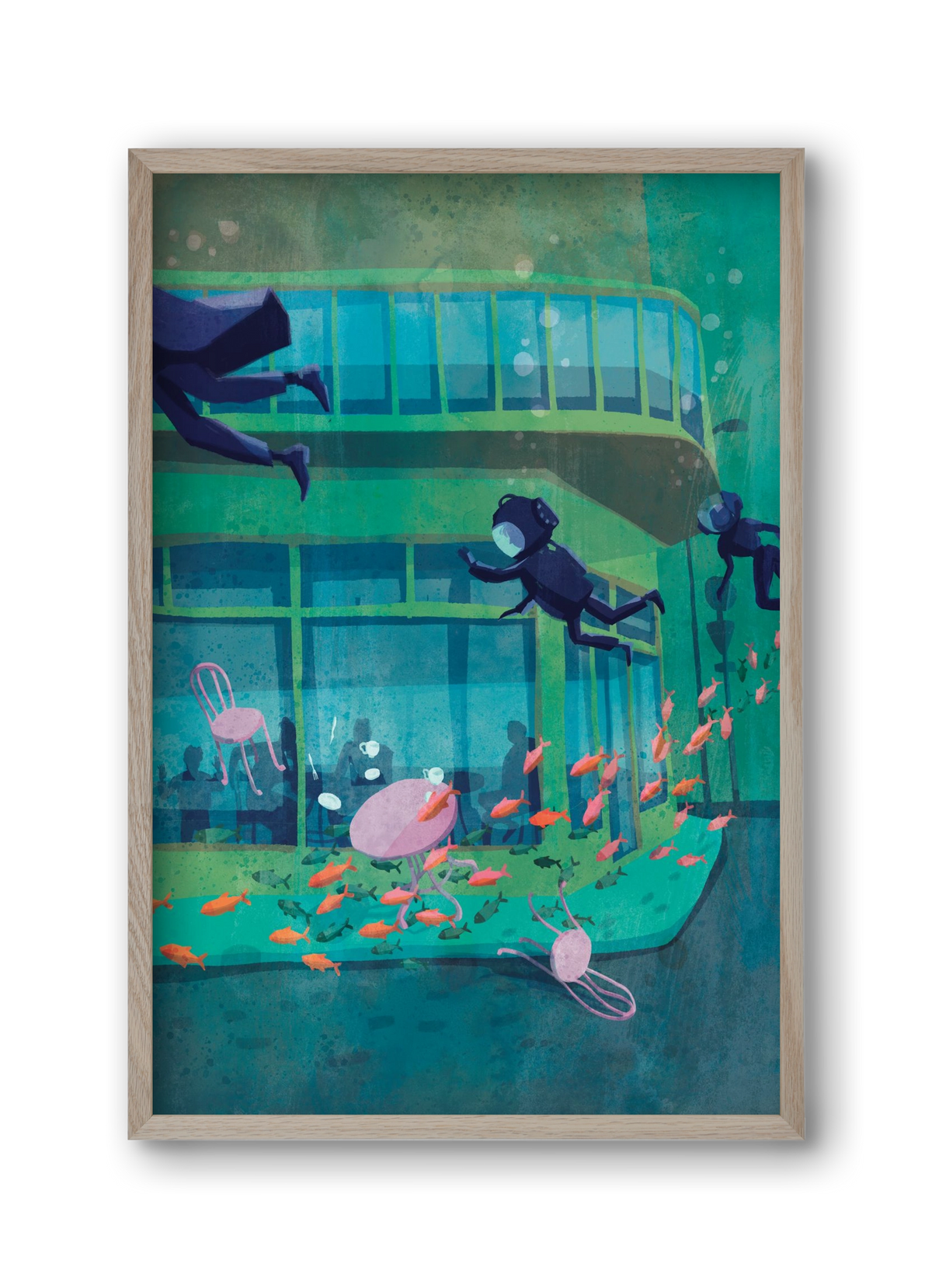 Corner café with fish, 30x45 cm (30x45 cm), Tölgy keret