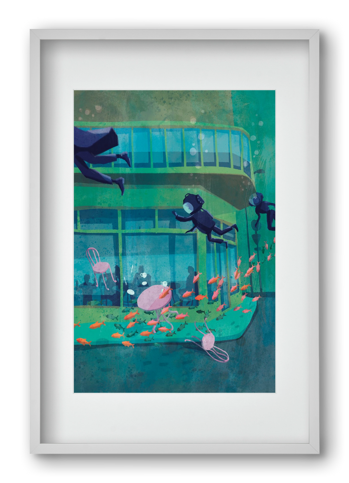 Corner café with fish, 40x60 cm (30x45 cm), Fehér keret, paszpartuval