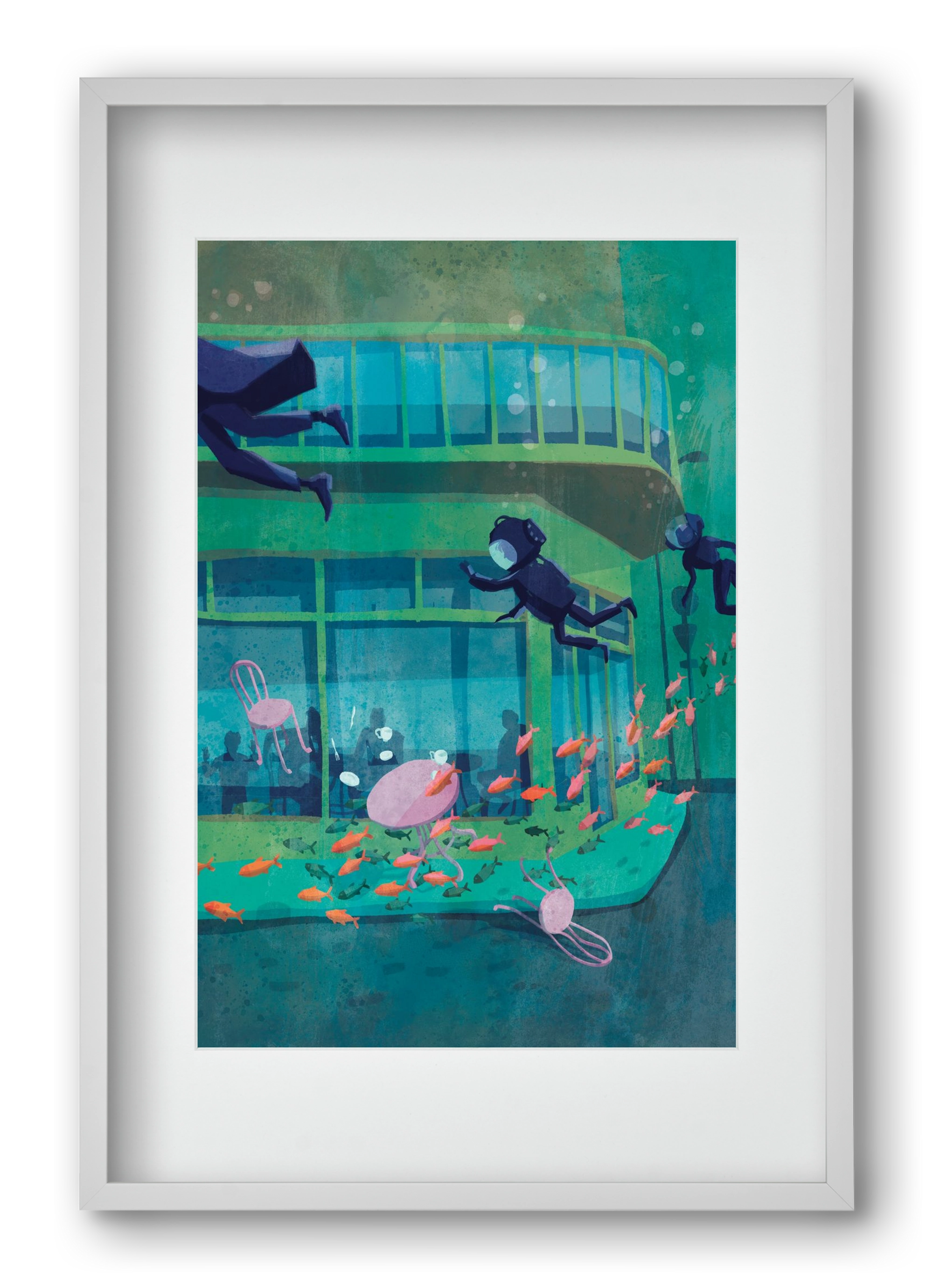 Corner café with fish, 40x60 cm (30x45 cm), Fehér keret, paszpartuval