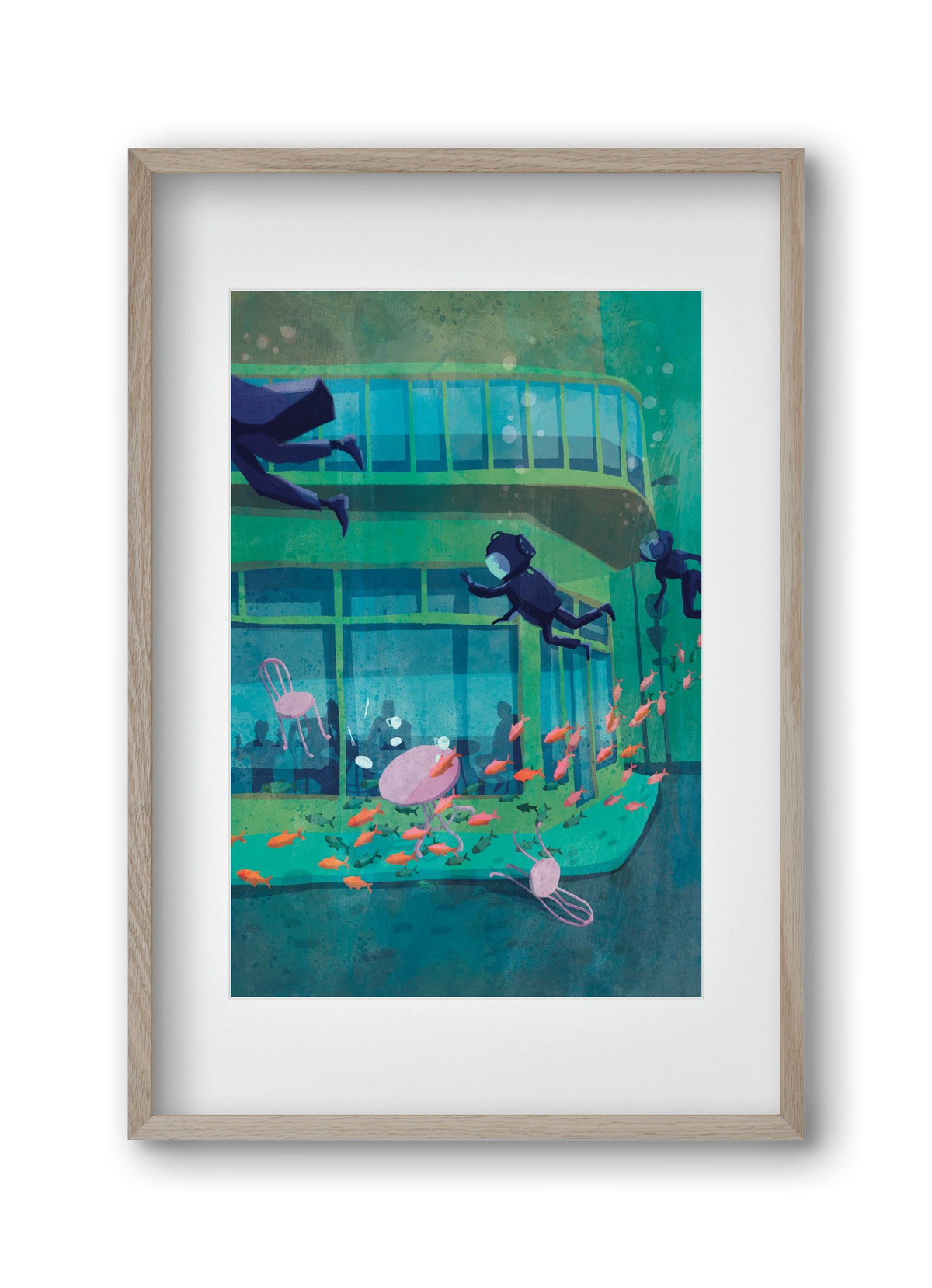 Corner café with fish, 30x45 cm (20x30 cm), Tölgy keret, paszpartuval