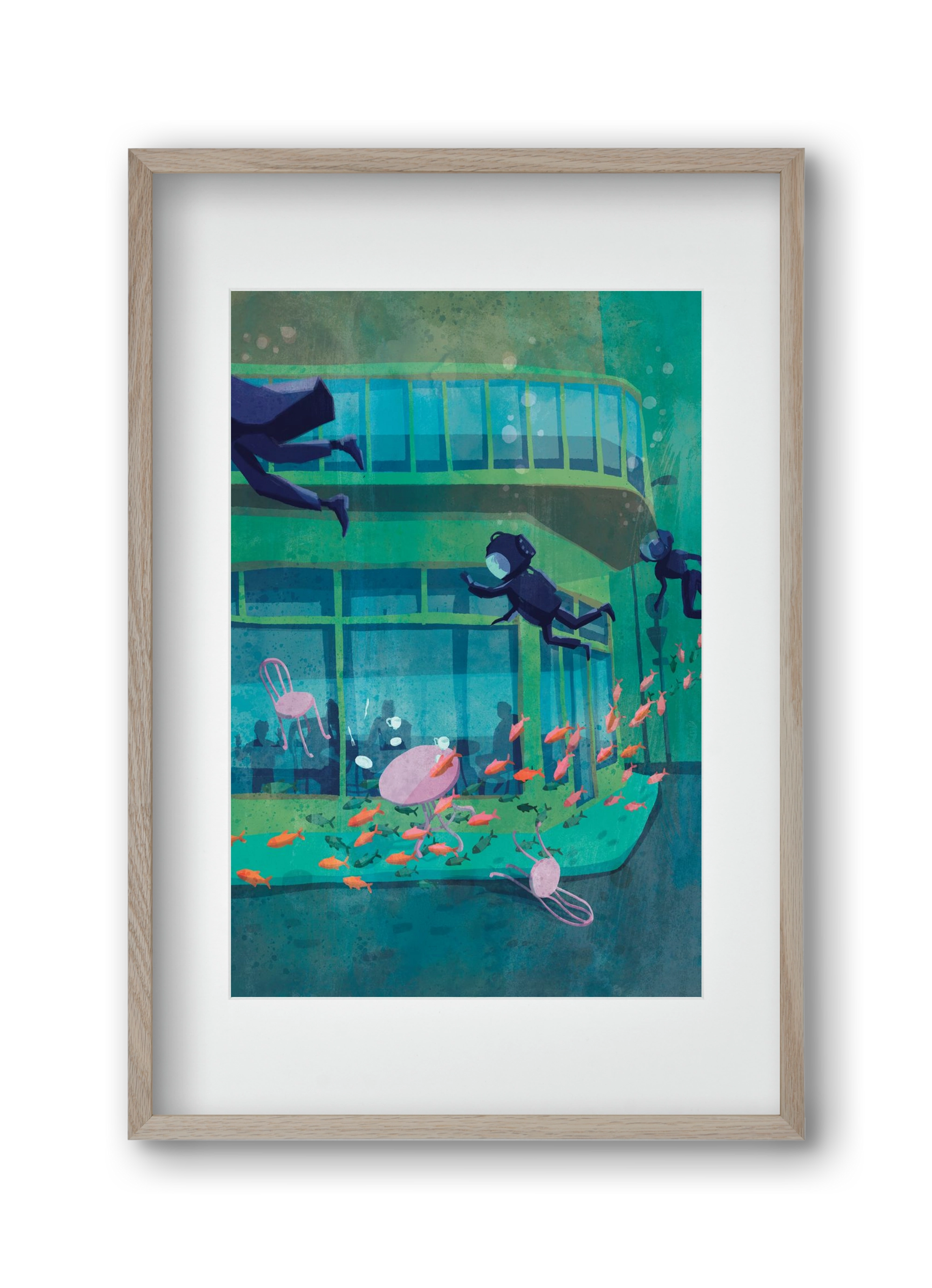 Corner café with fish, 30x45 cm (20x30 cm), Tölgy keret, paszpartuval