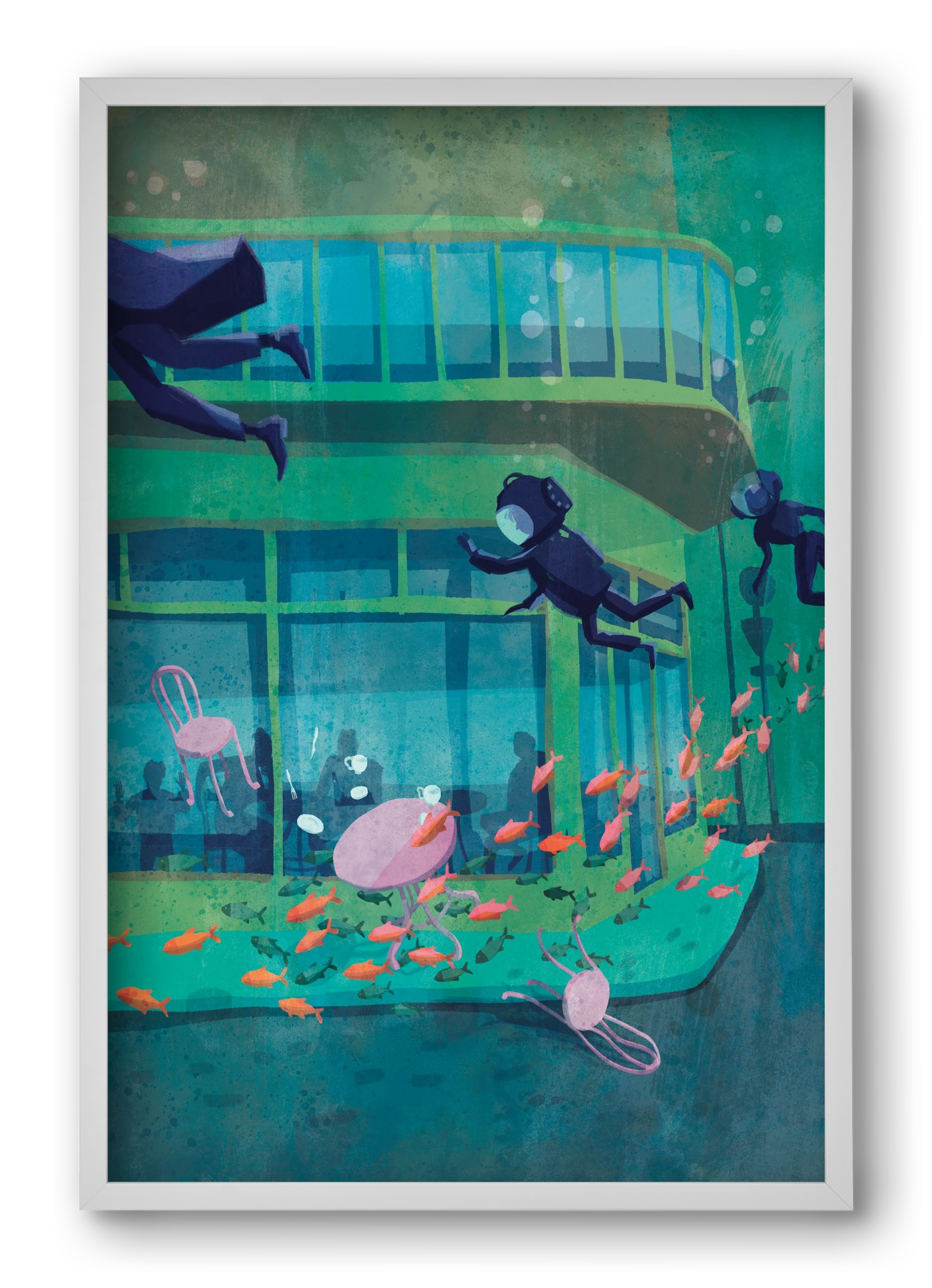 Corner café with fish, 40x60 cm (40x60 cm), Fehér keret