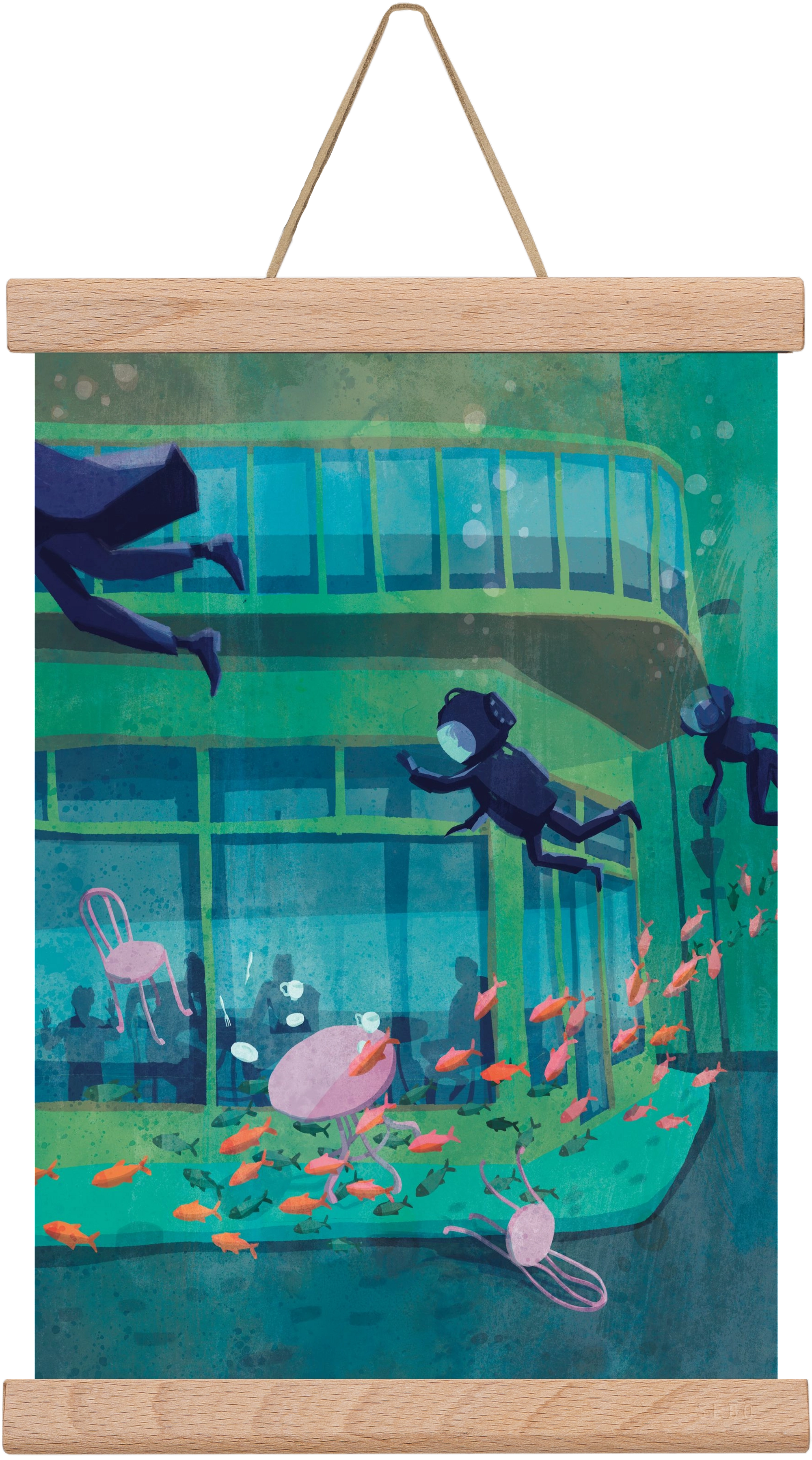 Corner café with fish, 20x30 cm (20x30 cm), Tölgy akasztó