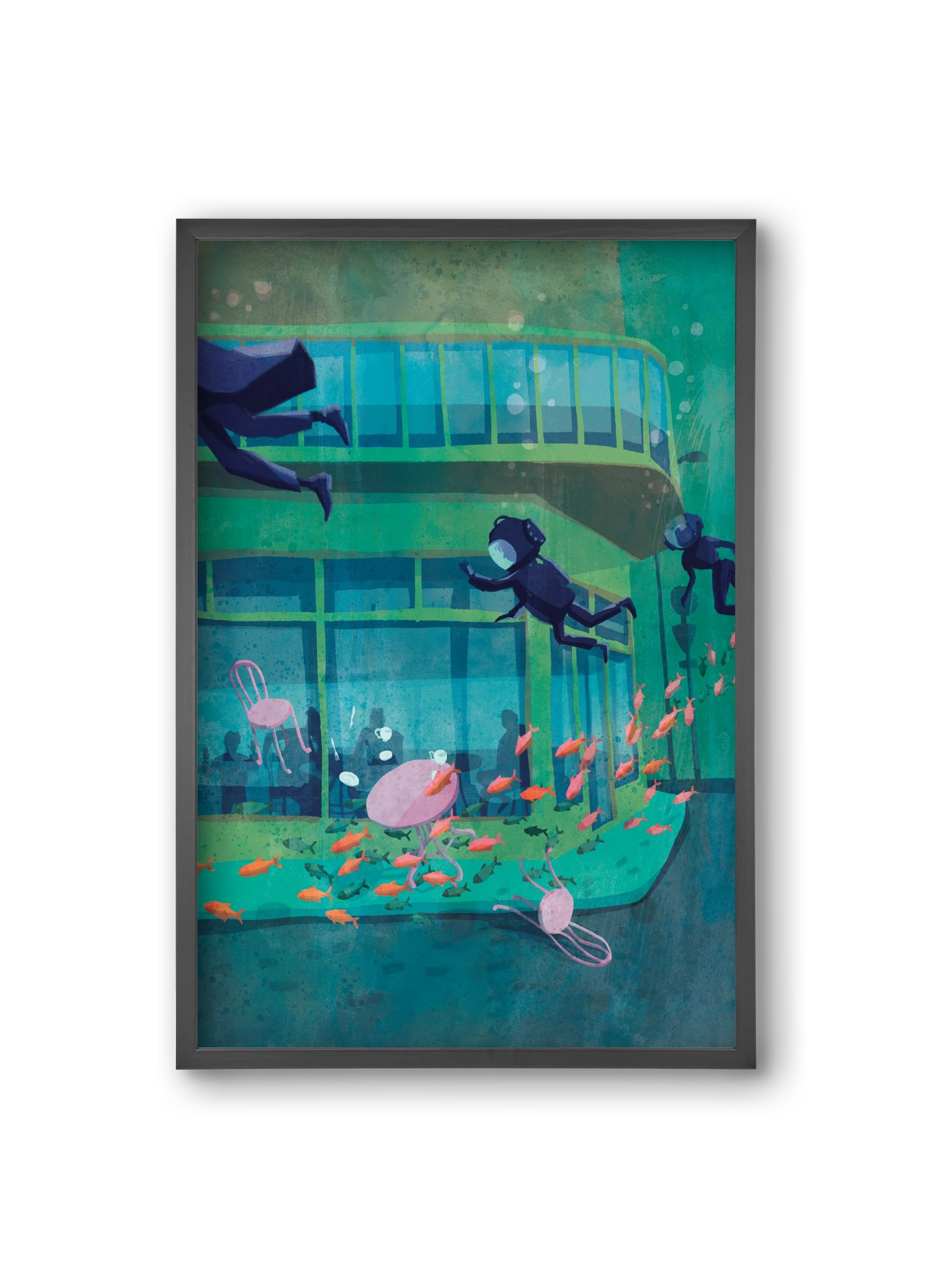 Corner café with fish, 20x30 cm (20x30 cm), Fekete keret