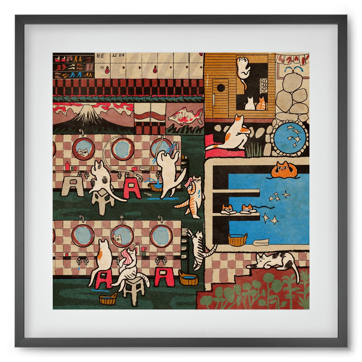 Cat onsen, 50x50 cm (40x40 cm), Fekete keret, paszpartuval