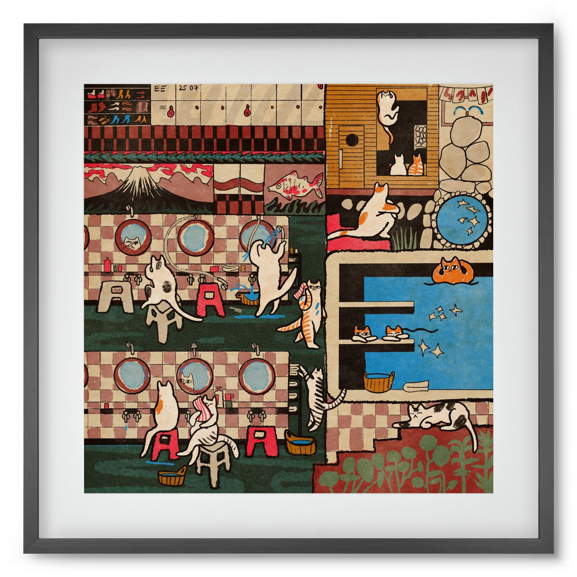 Cat onsen, 50x50 cm (40x40 cm), Fekete keret, paszpartuval