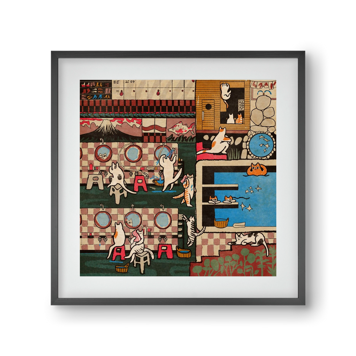 Cat onsen, 30x30 cm (20x20 cm), Fekete keret, paszpartuval