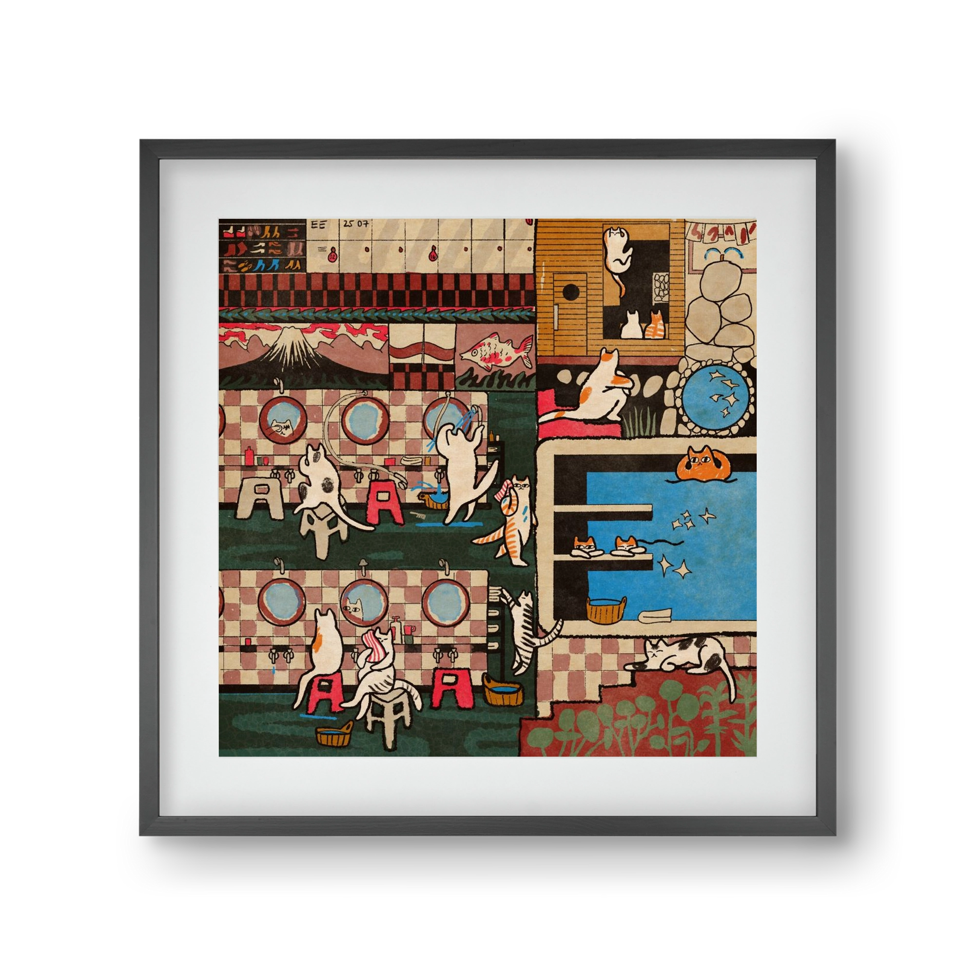 Cat onsen, 30x30 cm (20x20 cm), Fekete keret, paszpartuval