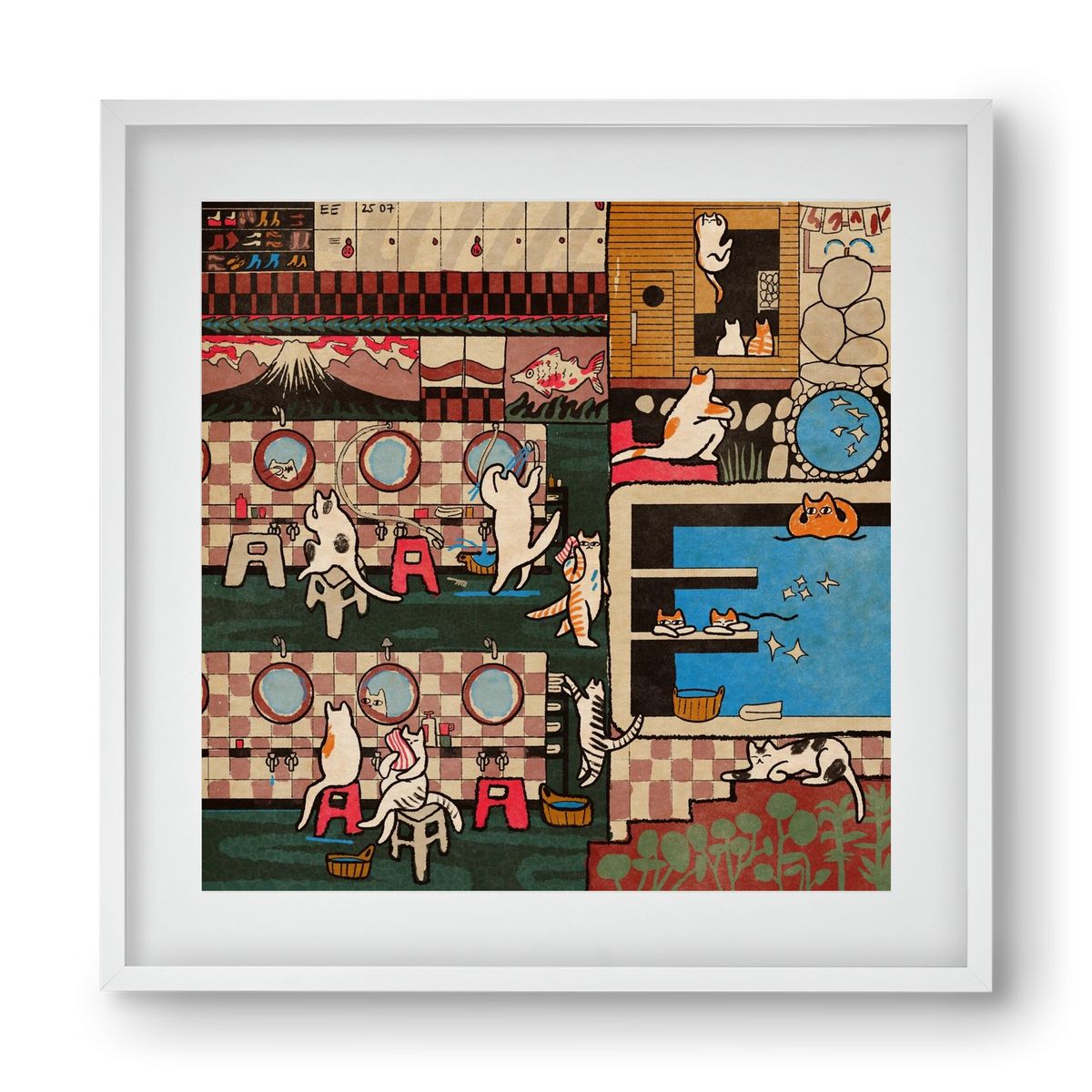 Cat onsen, 40x40 cm (30x30 cm), Fehér keret, paszpartuval