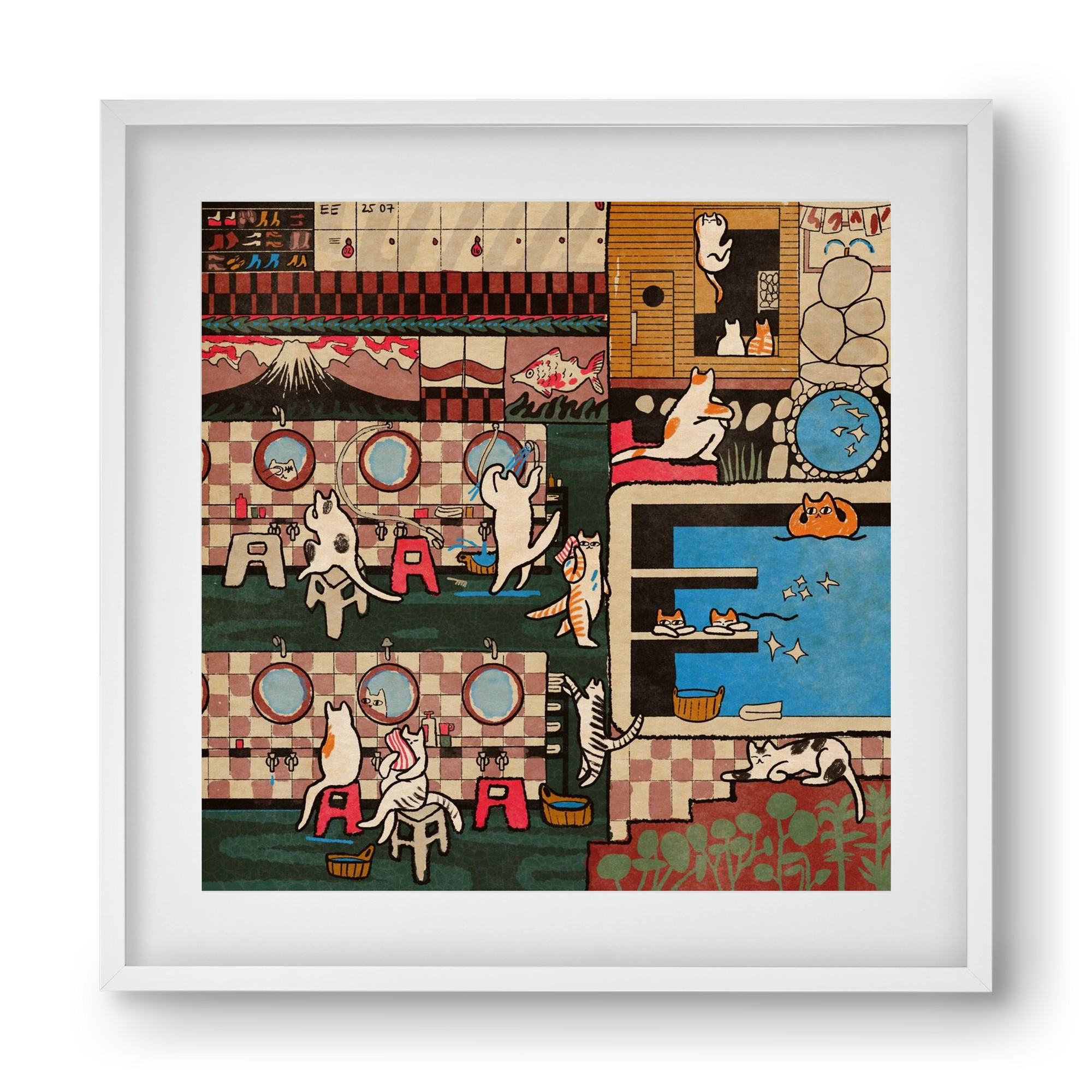 Cat onsen, 40x40 cm (30x30 cm), Fehér keret, paszpartuval