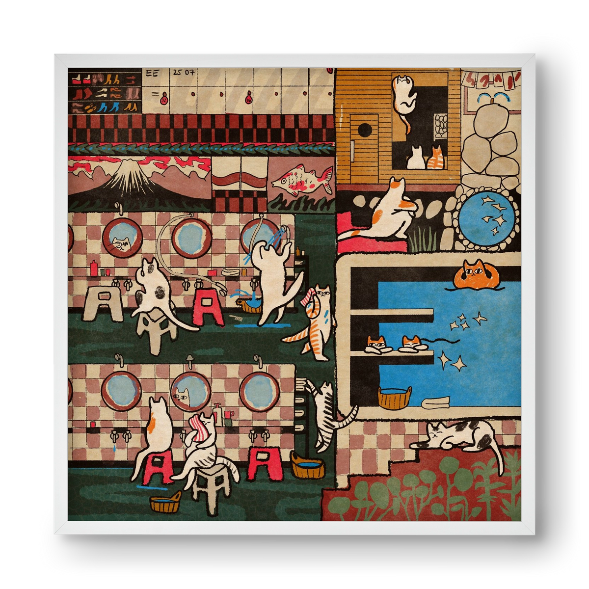 Cat onsen, 40x40 cm (40x40 cm), Fehér keret