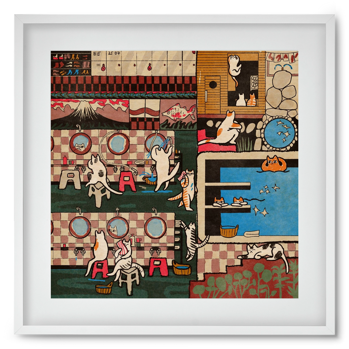 Cat onsen, 50x50 cm (40x40 cm), Fehér keret, paszpartuval