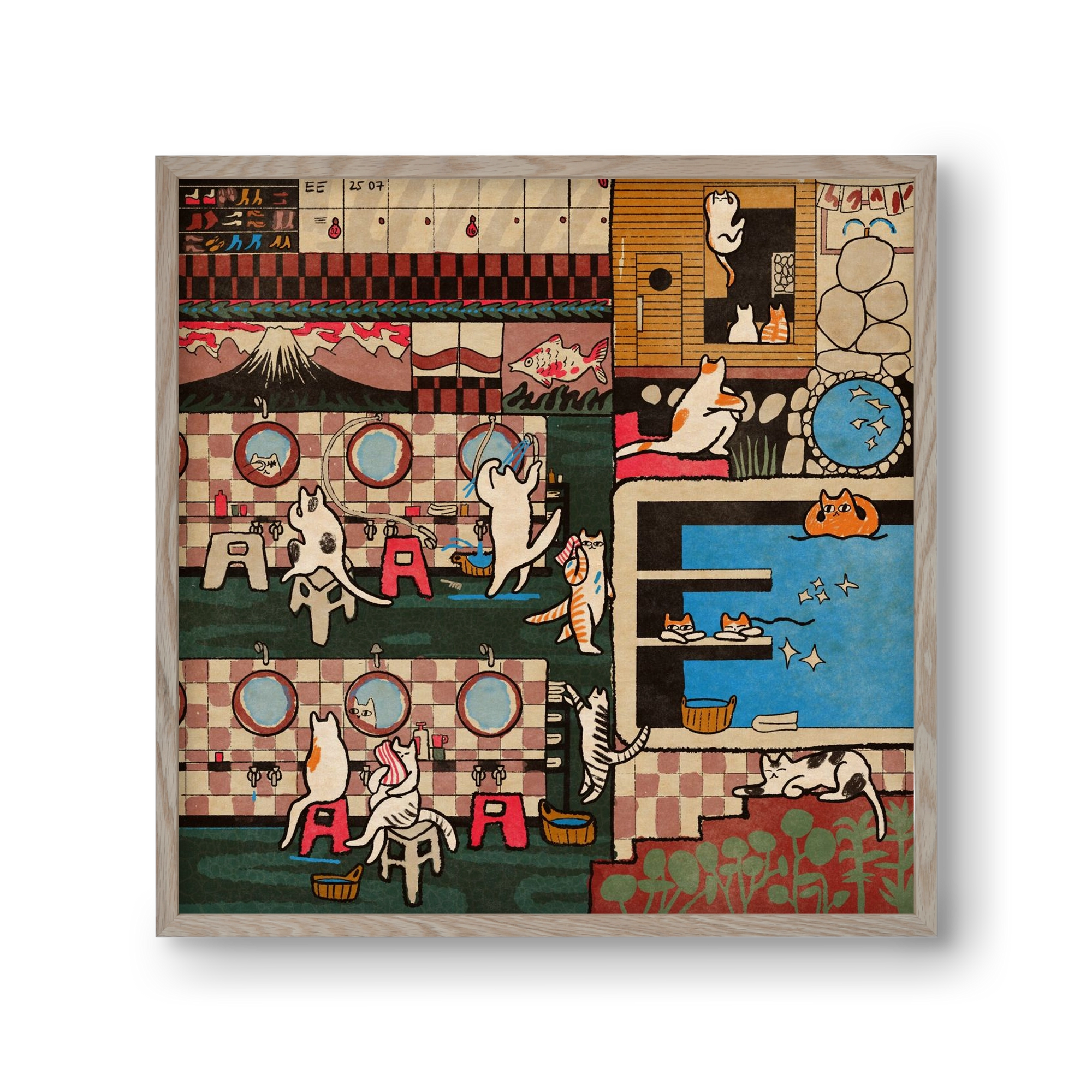 Cat onsen, 30x30 cm (30x30 cm), Tölgy keret
