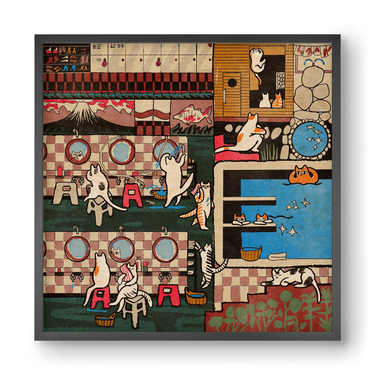 Cat onsen, 40x40 cm (40x40 cm), Fekete keret