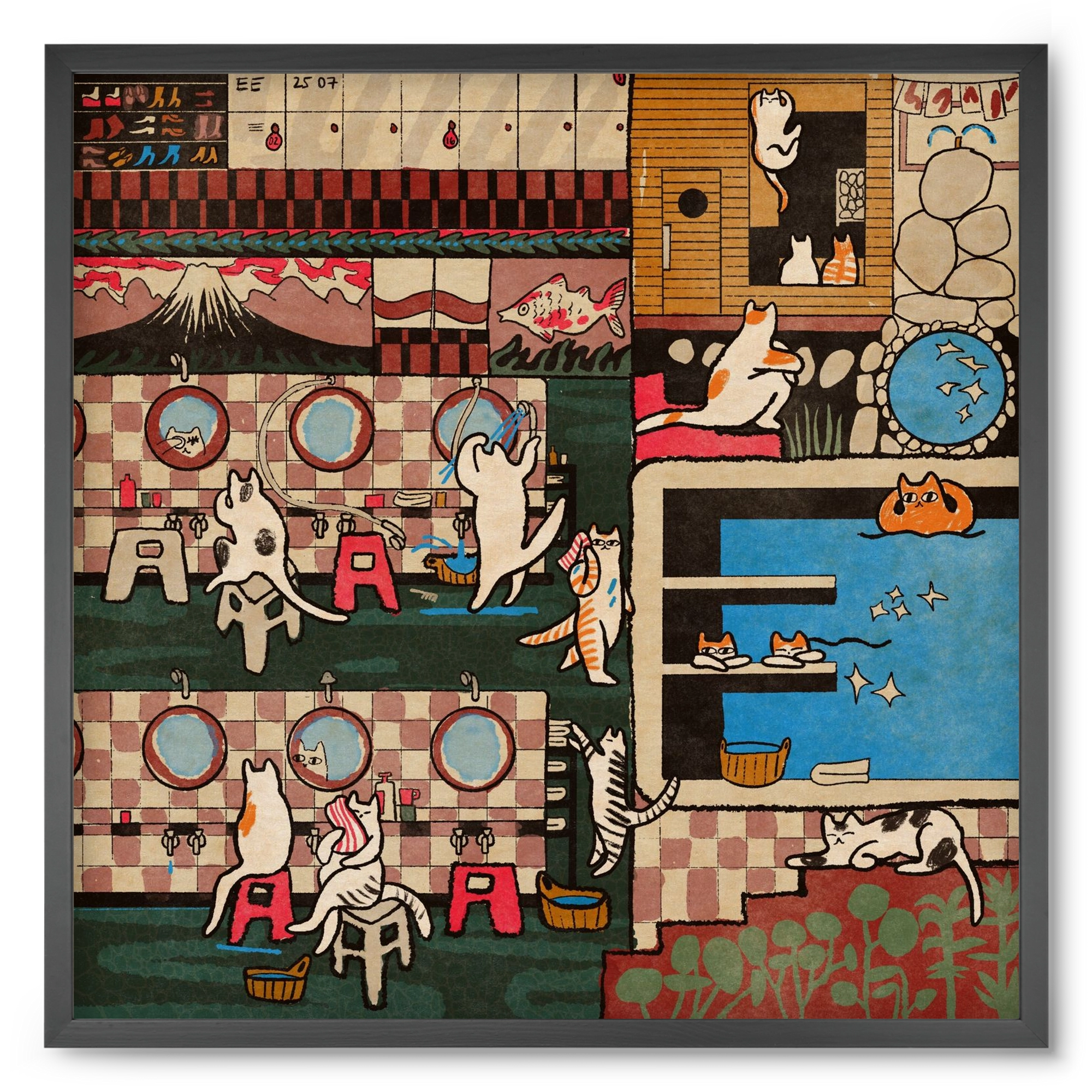 Cat onsen, 50x50 cm (50x50 cm), Fekete keret
