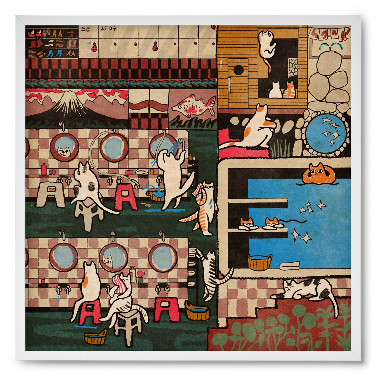 Cat onsen, 50x50 cm (50x50 cm), Fehér keret