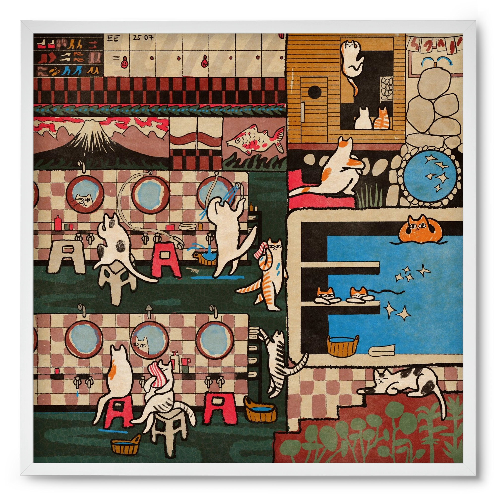 Cat onsen, 50x50 cm (50x50 cm), Fehér keret