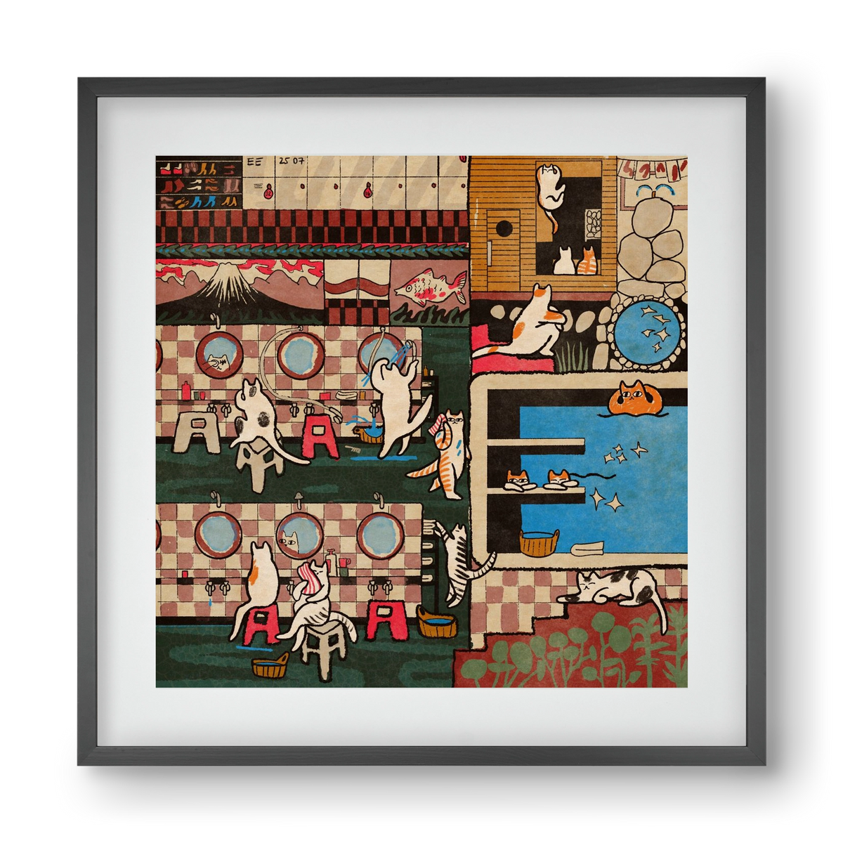 Cat onsen, 40x40 cm (30x30 cm), Fekete keret, paszpartuval