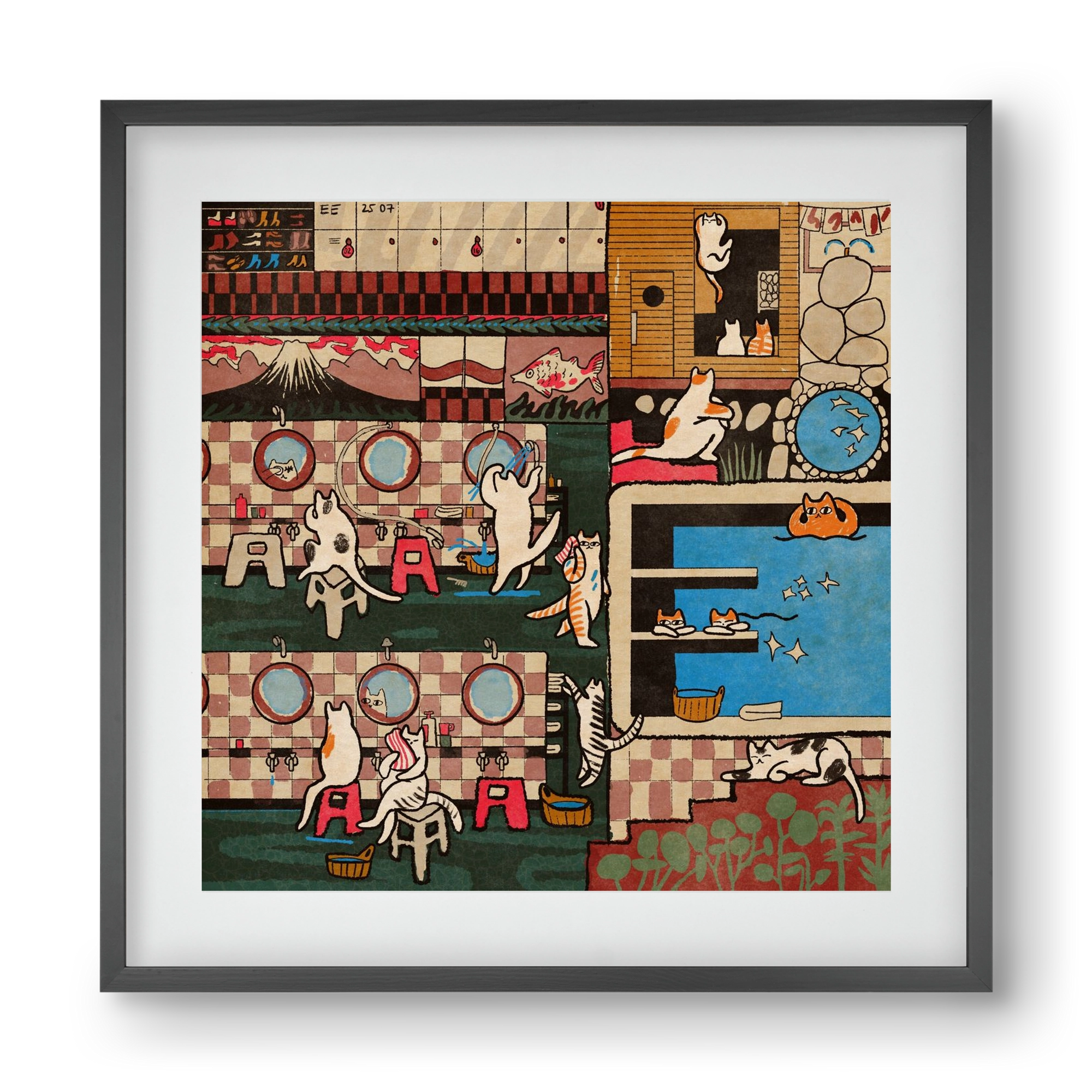 Cat onsen, 40x40 cm (30x30 cm), Fekete keret, paszpartuval