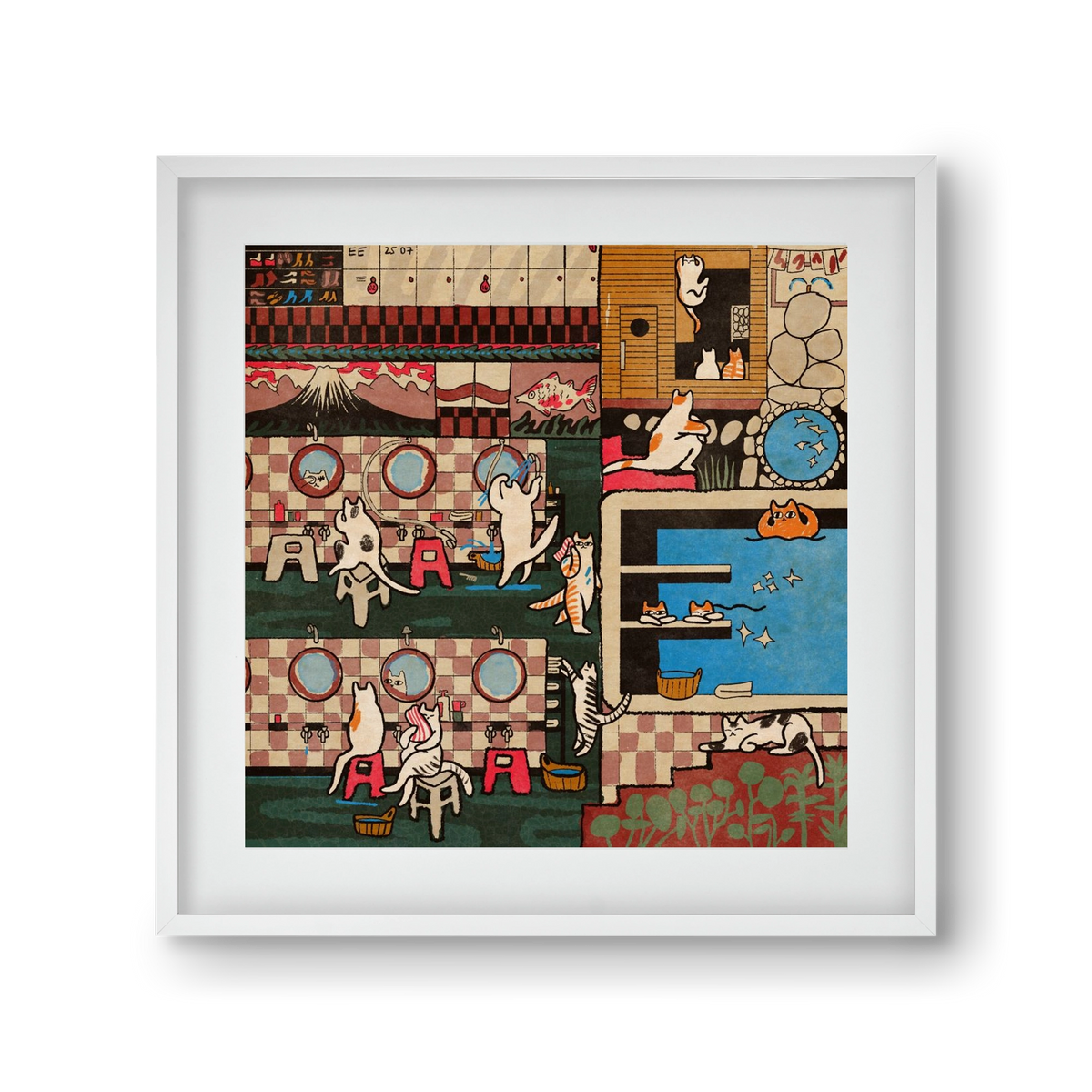 Cat onsen, 30x30 cm (20x20 cm), Fehér keret, paszpartuval