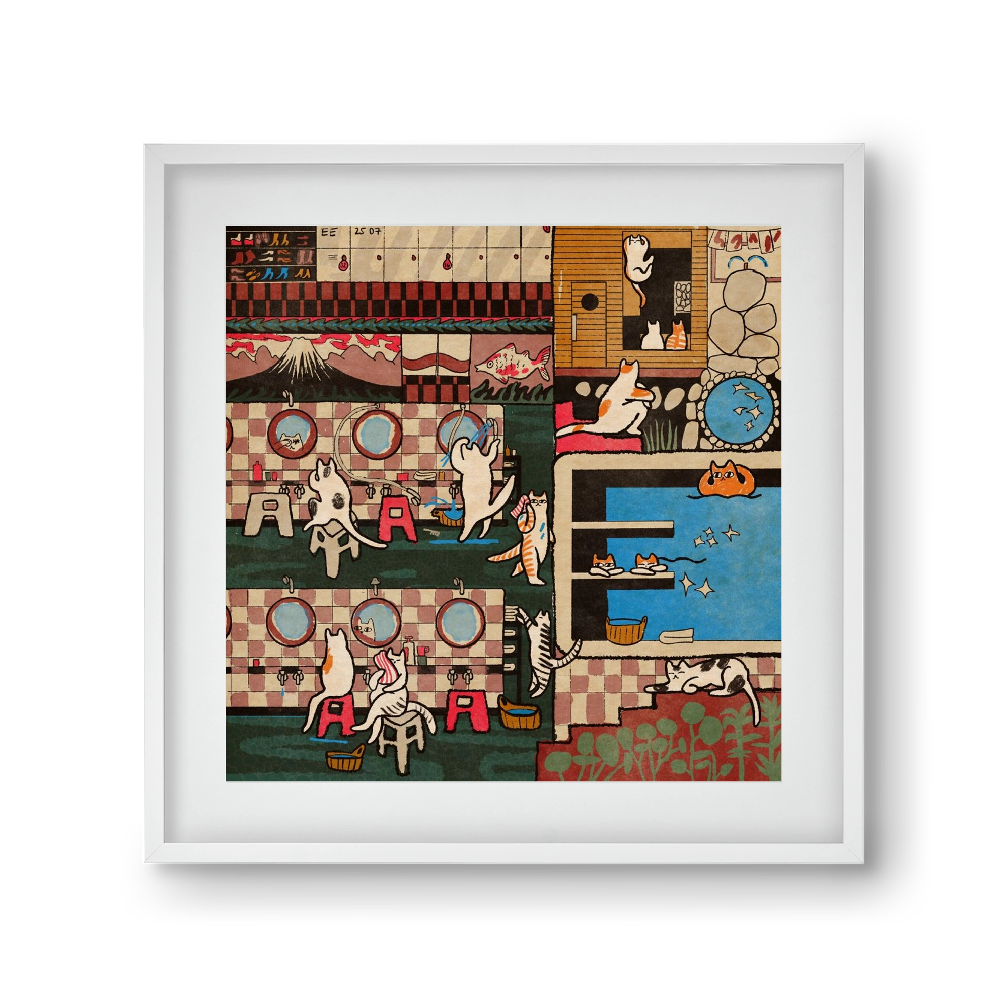 Cat onsen, 30x30 cm (20x20 cm), Fehér keret, paszpartuval