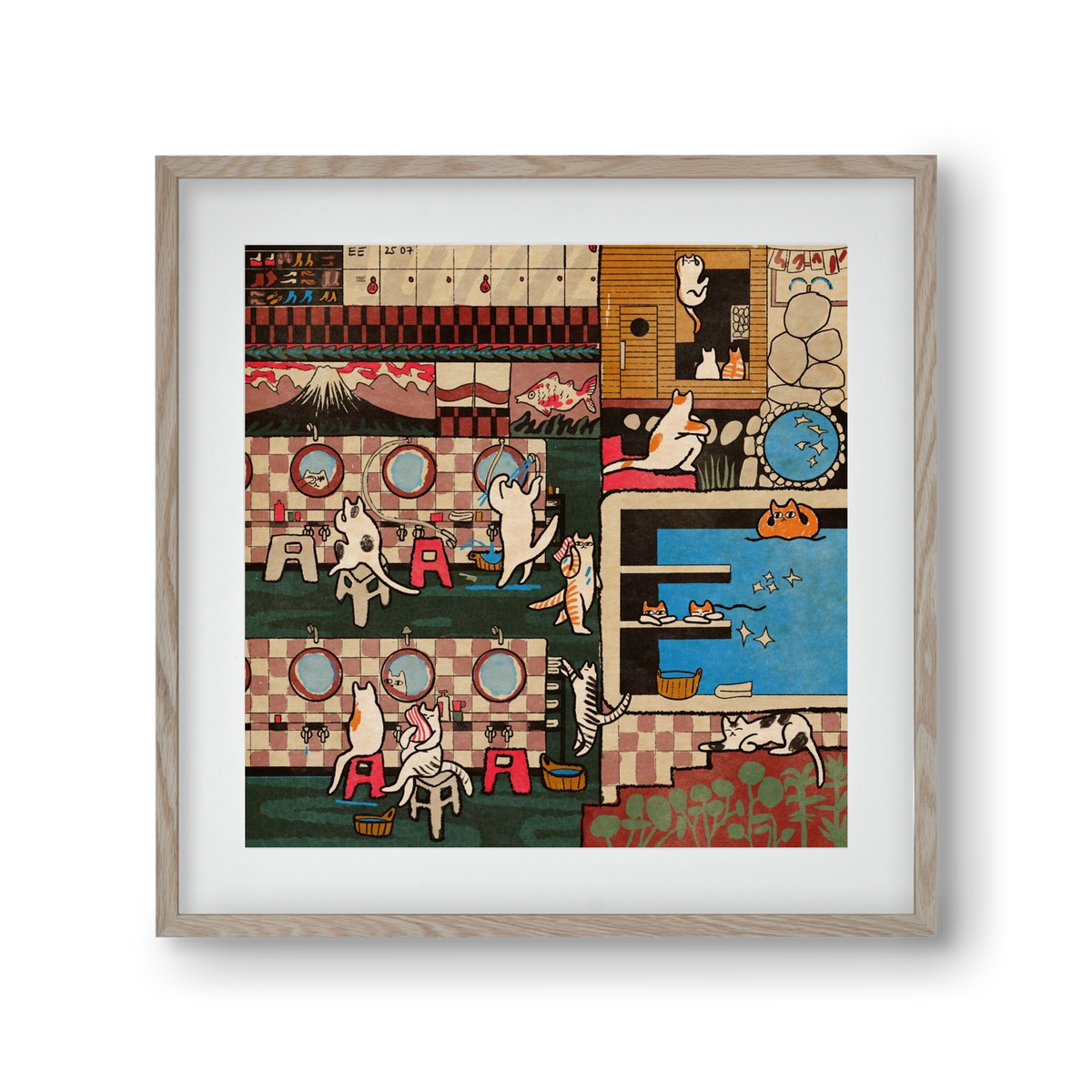 Cat onsen, 30x30 cm (20x20 cm), Tölgy keret, paszpartuval