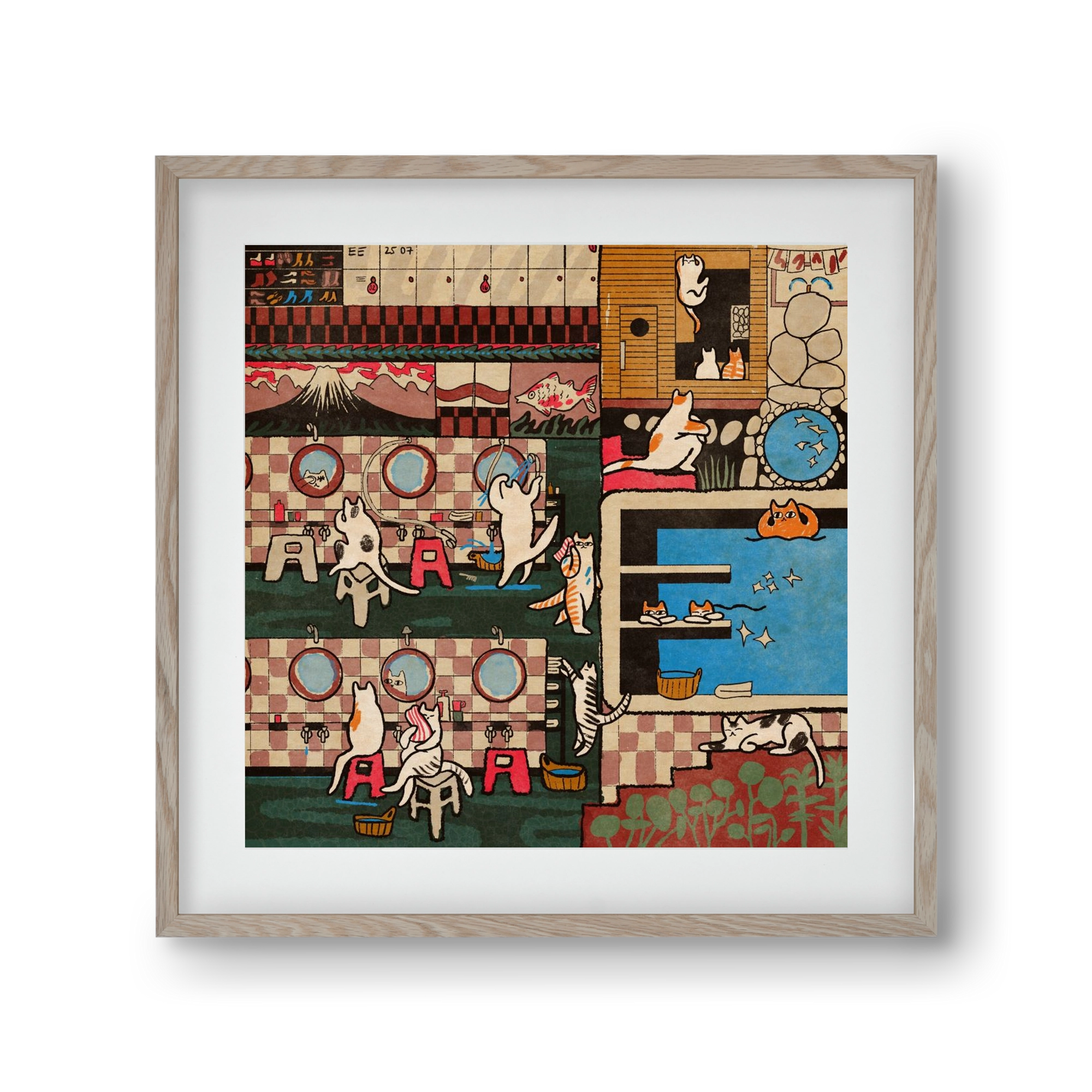 Cat onsen, 30x30 cm (20x20 cm), Tölgy keret, paszpartuval