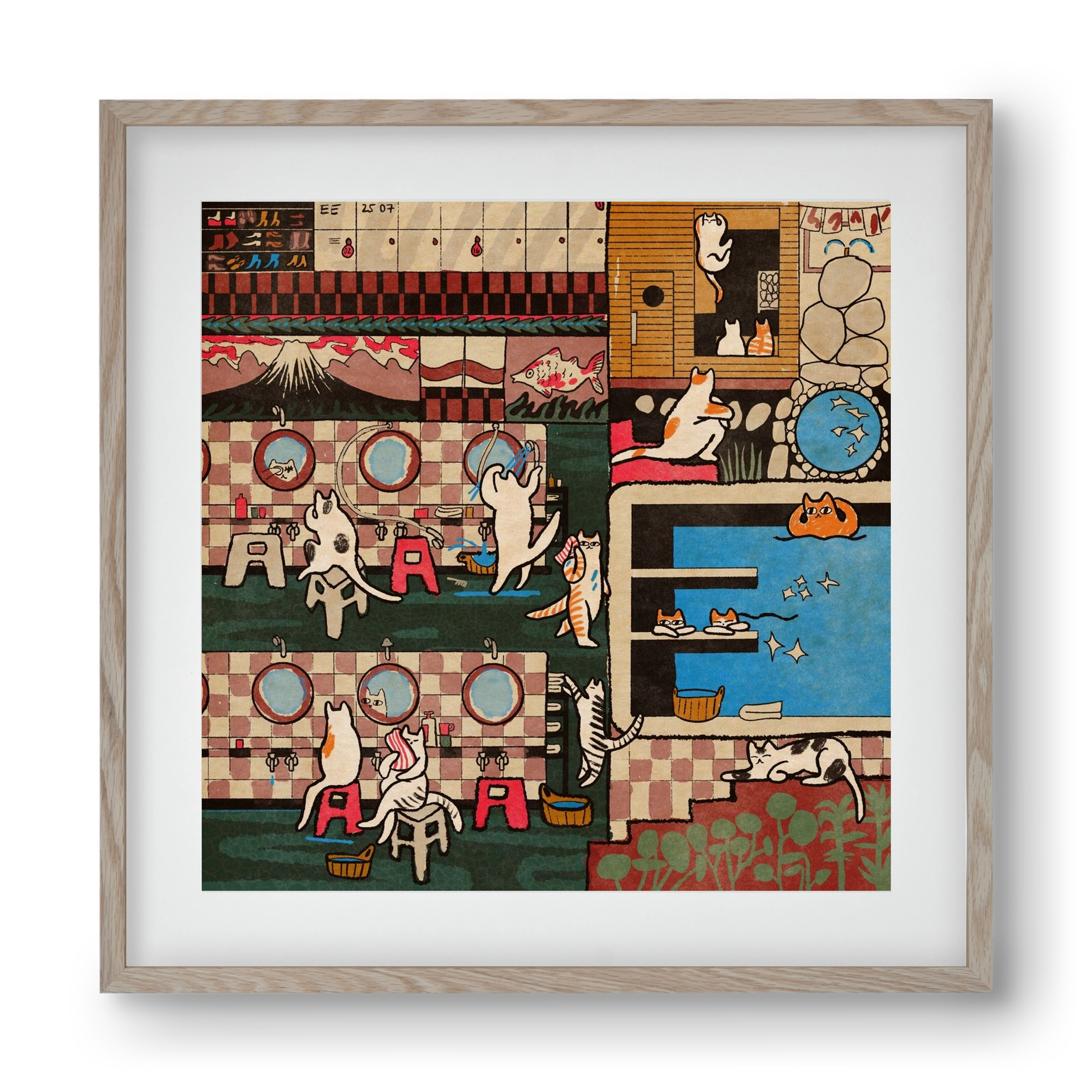 Cat onsen, 40x40 cm (30x30 cm), Tölgy keret, paszpartuval