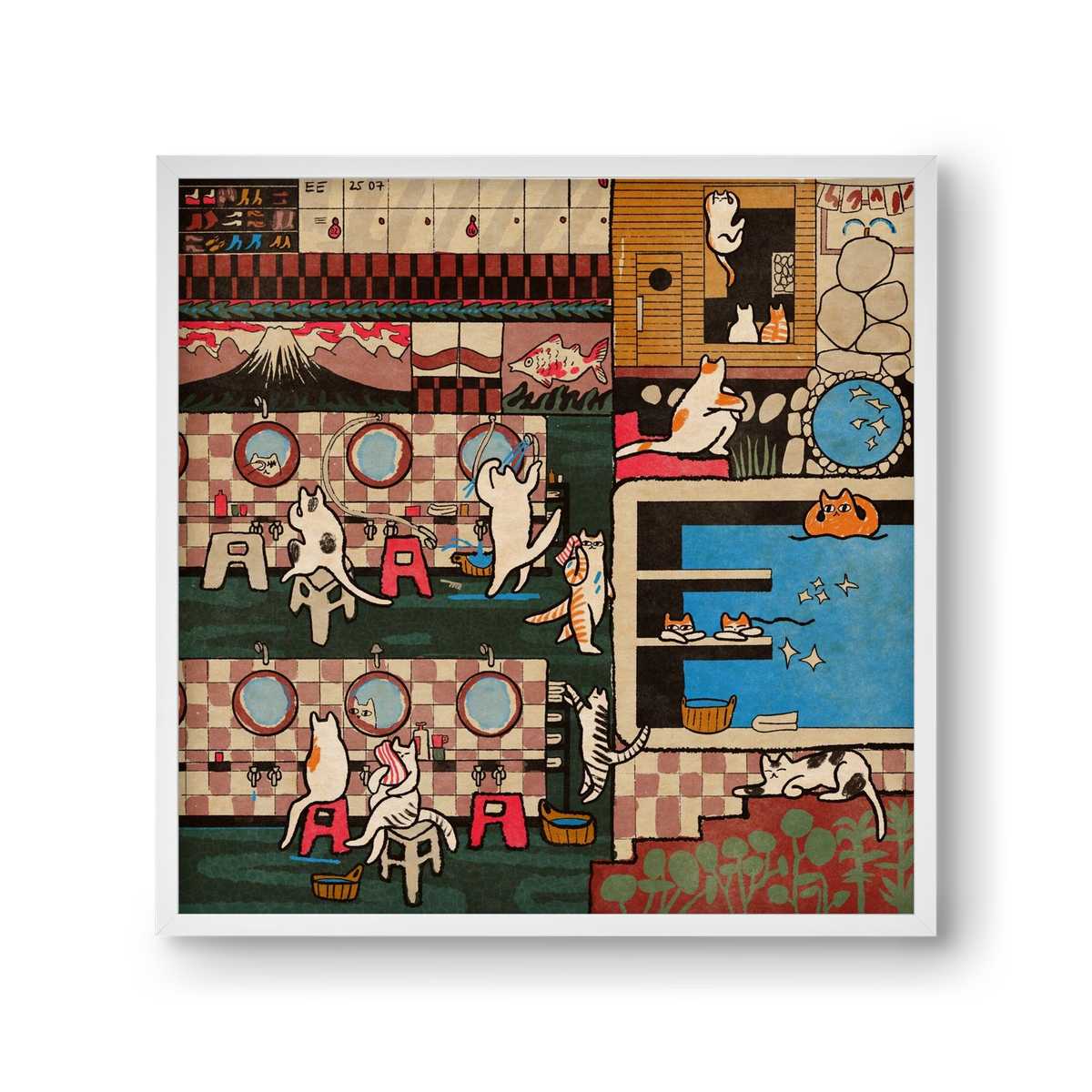 Cat onsen, 30x30 cm (30x30 cm), Fehér keret