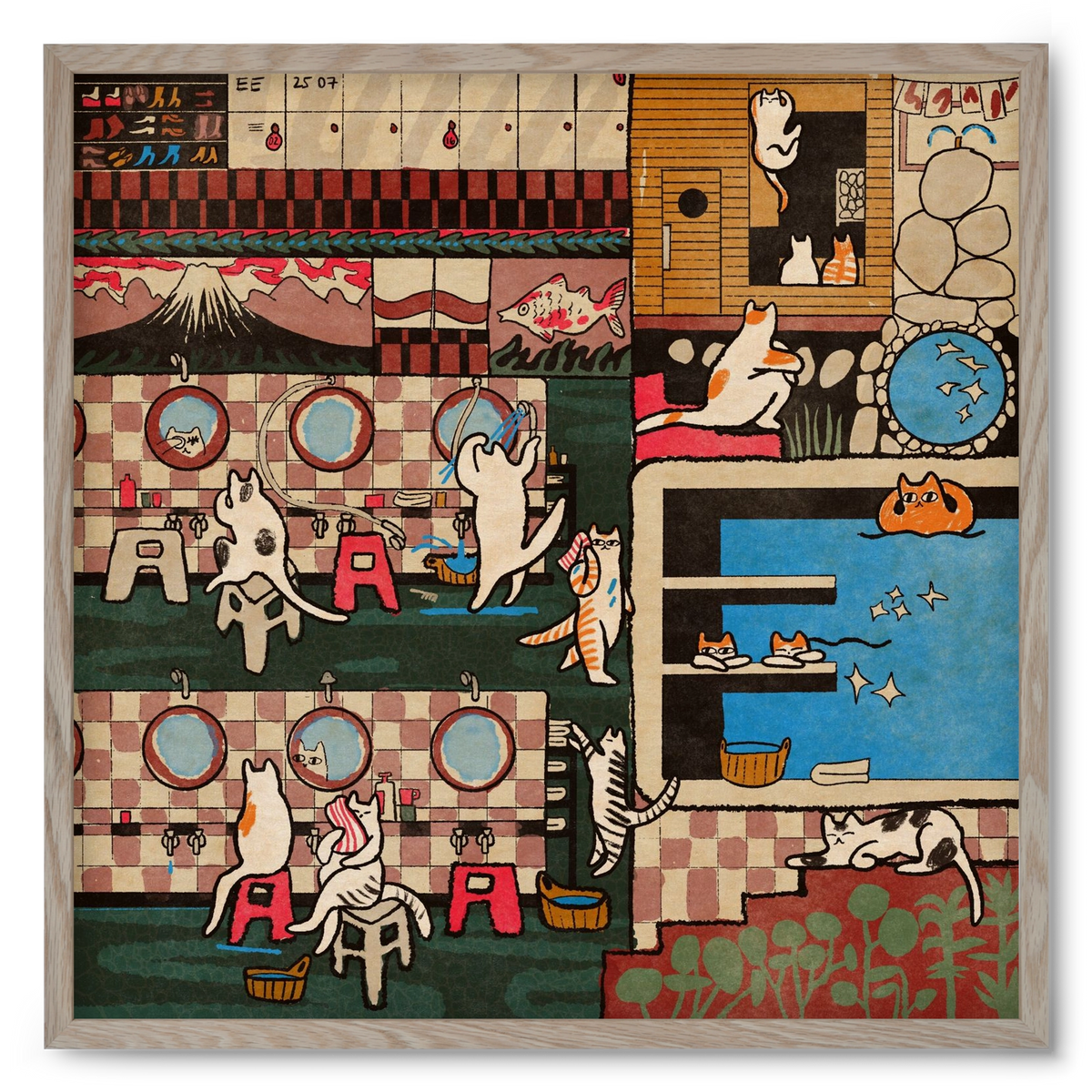 Cat onsen, 50x50 cm (50x50 cm), Tölgy keret